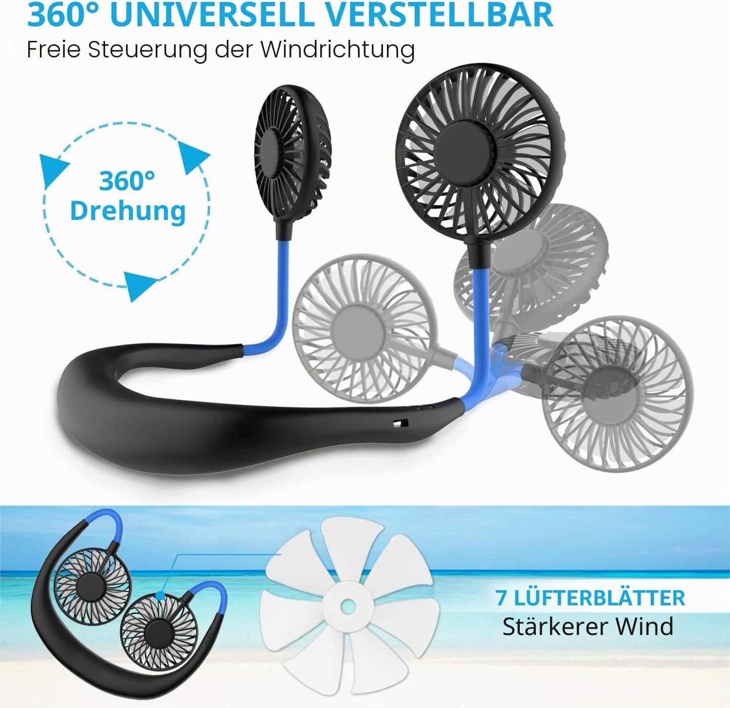 Nackenventilator SF-019, wiederaufladbar, 3 Stufen, Schwarz Blau