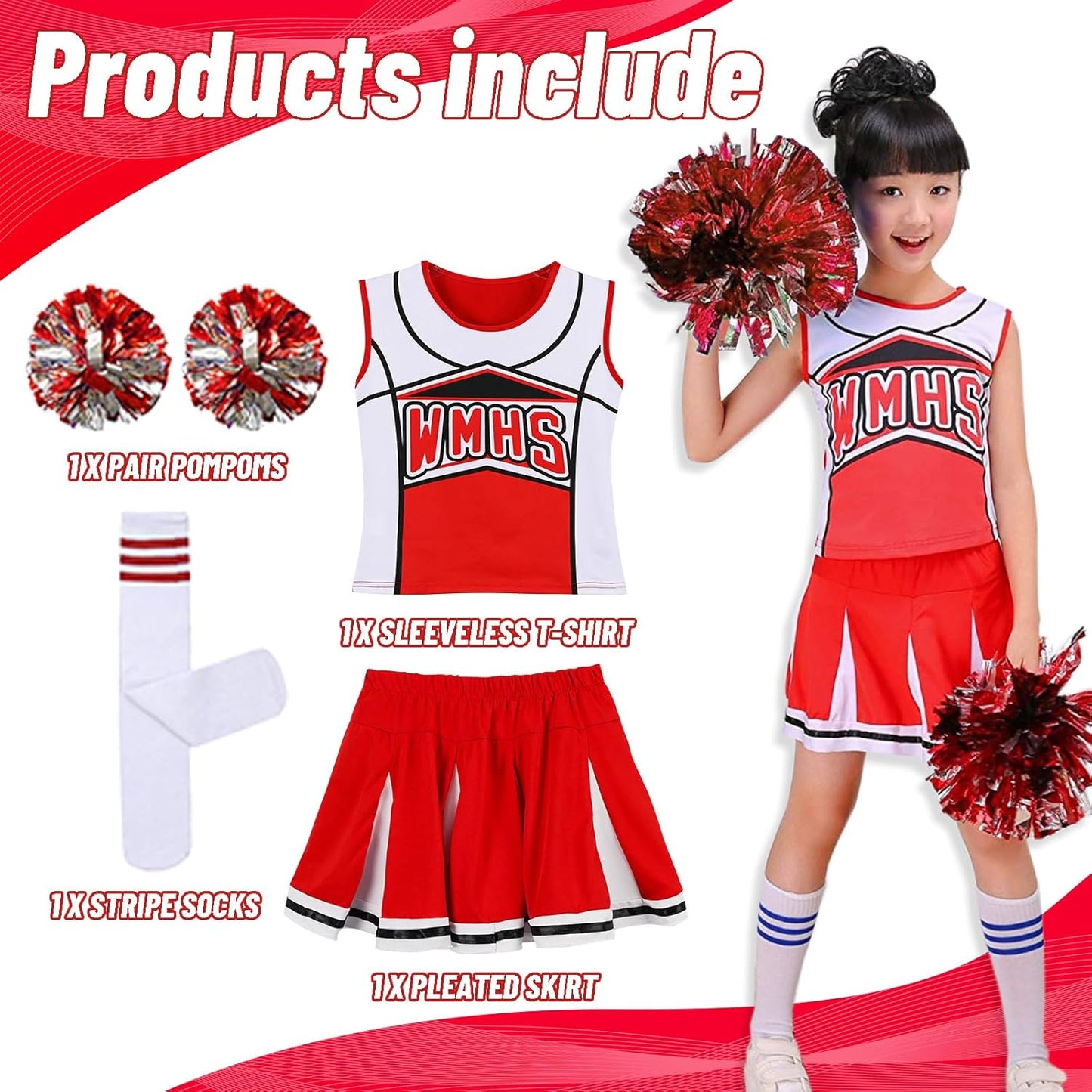 Cheerleader Kostüm-Set, Rot 10-11 Jahre