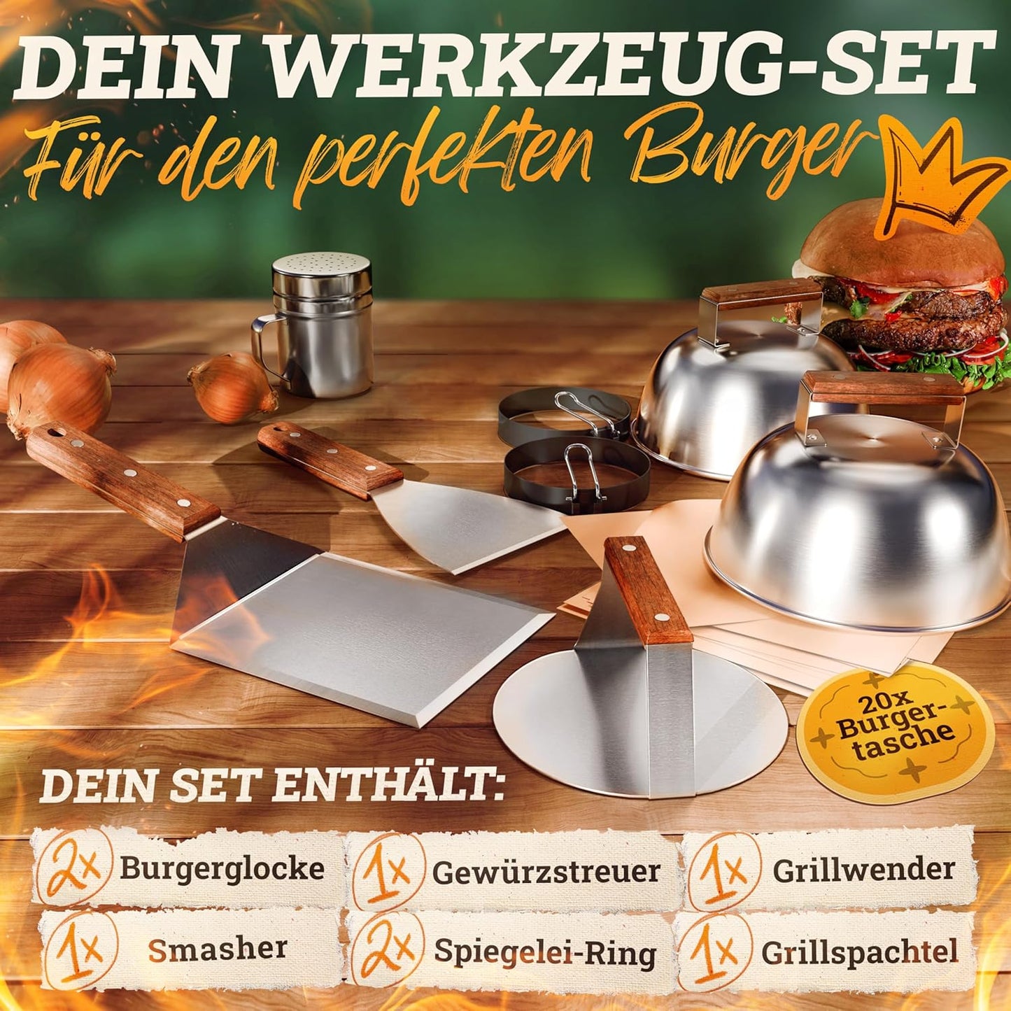 Plancha Grillplatte & 7-teiliges Burger Master Set, Bundel: Plancha-set & Burger Master-set 30x40cm