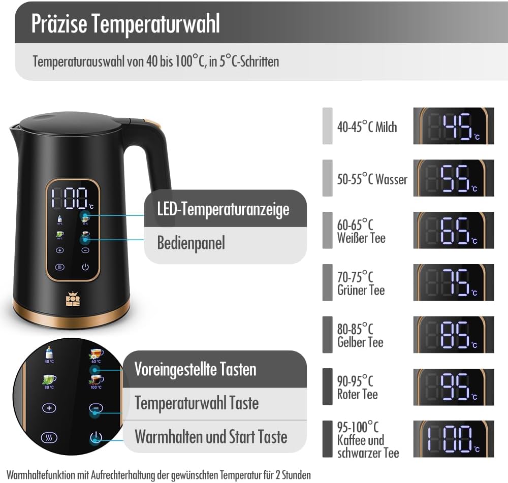 Edelstahl Wasserkocher mit Temperatureinstellung (1,7L), Schwarz 6017
