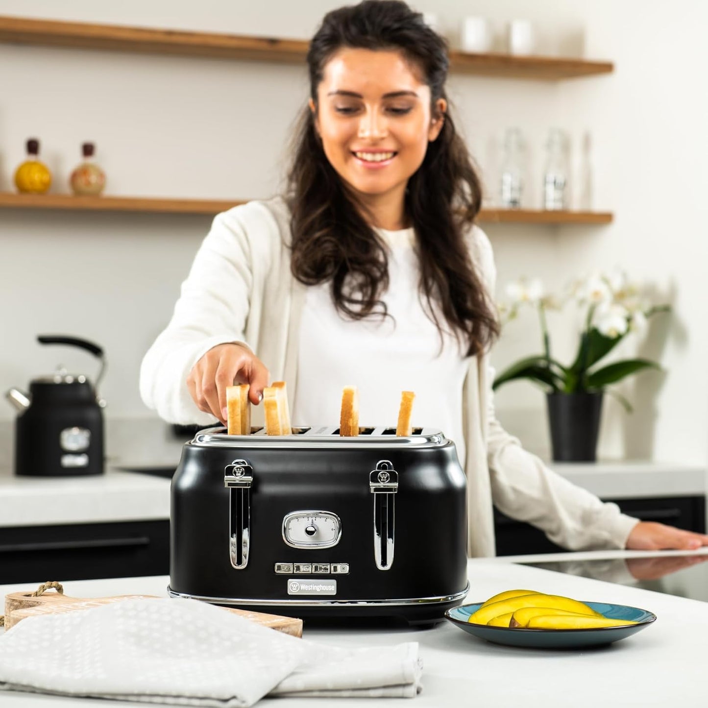Retro Toaster für 4 Scheiben mit Brötchenaufsatz, Schwarz