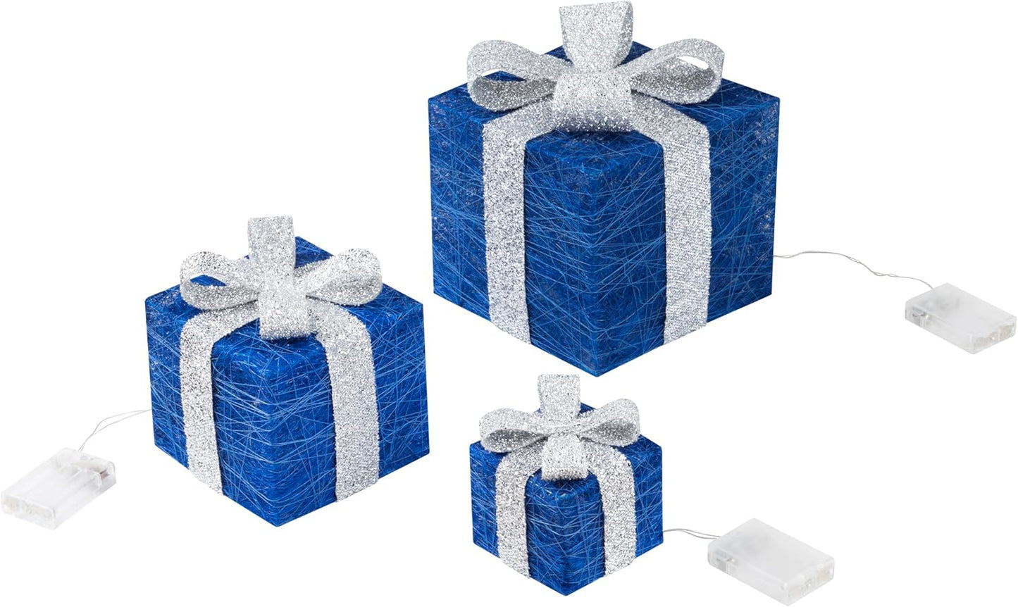 3er-Set LED-Weihnachts-Deko-Boxen mit Timer, Blau-Silber