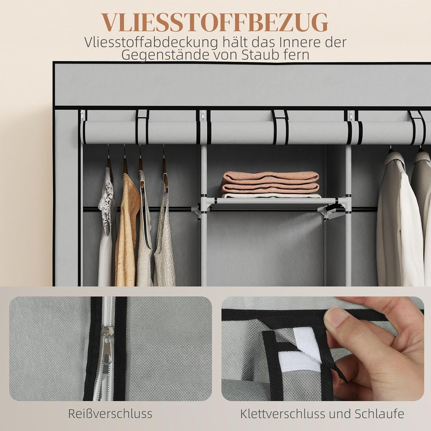 Faltbarer Stoffschrank mit Kleiderstangen und Rollen