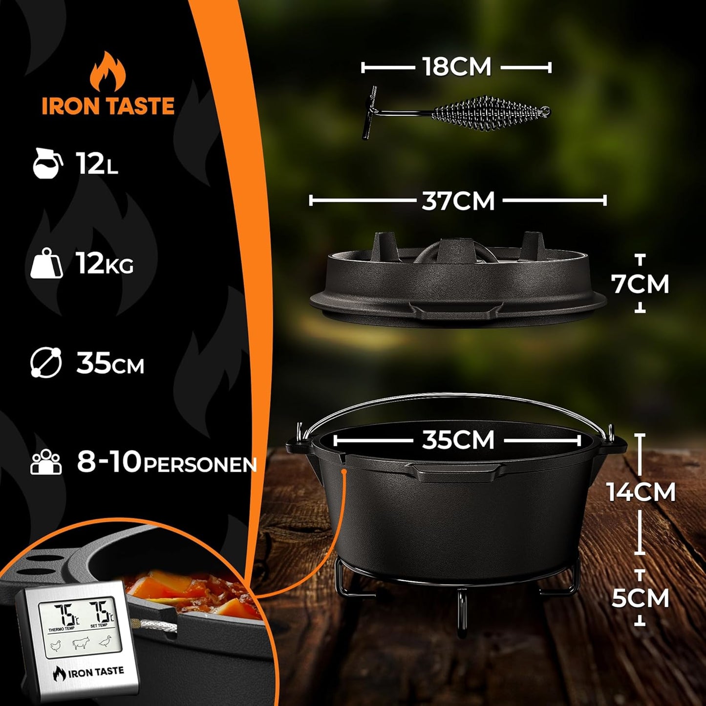 Dutch Oven Set (12L) mit Deckelheber & Untersetzer, ohne Füssen 12 Liter