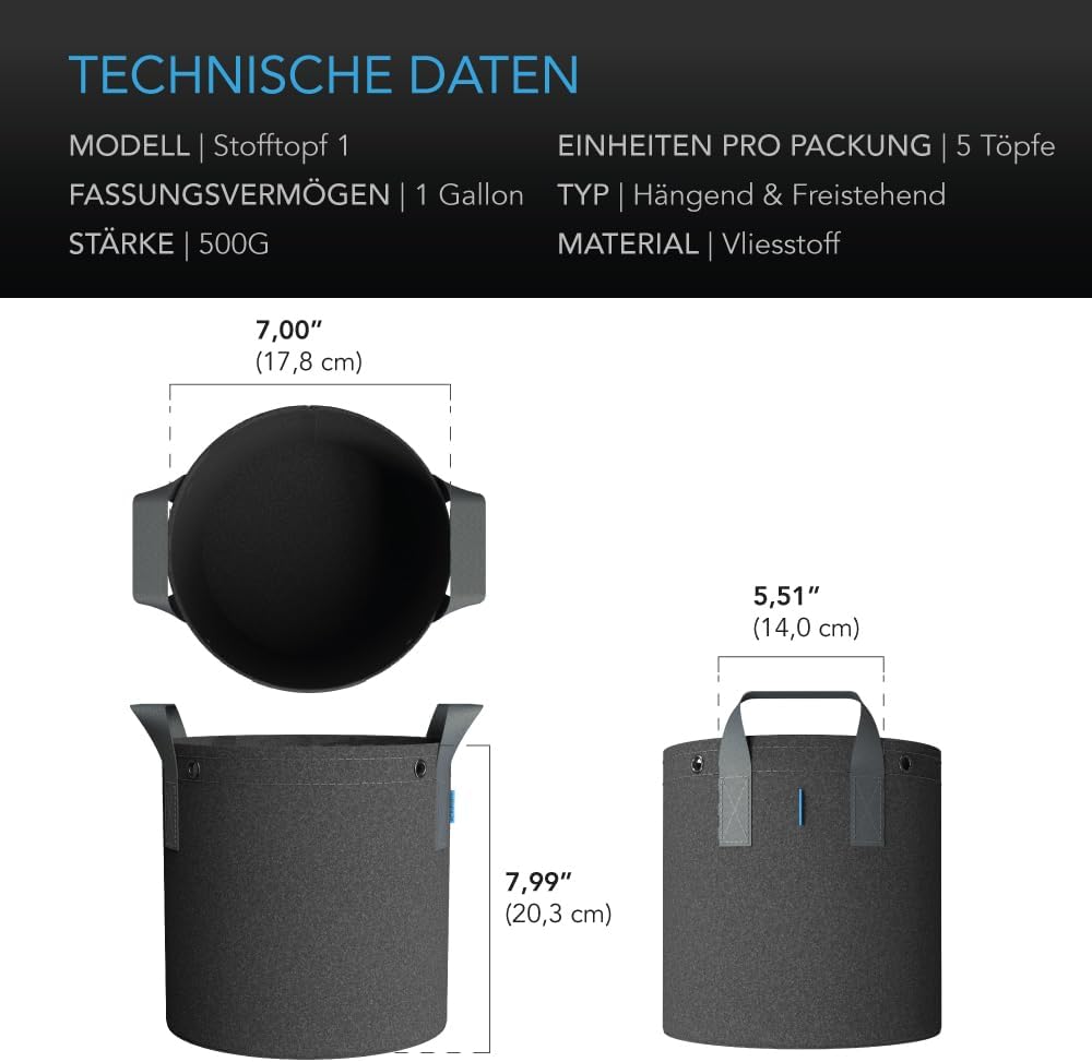5er-Pack Stofftöpfe, 1 Gallon