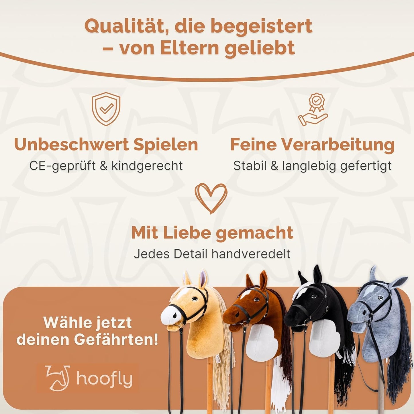 Hobby Horse Steckenpferd mit Trense, 40 cm Stab, Braune Schecke