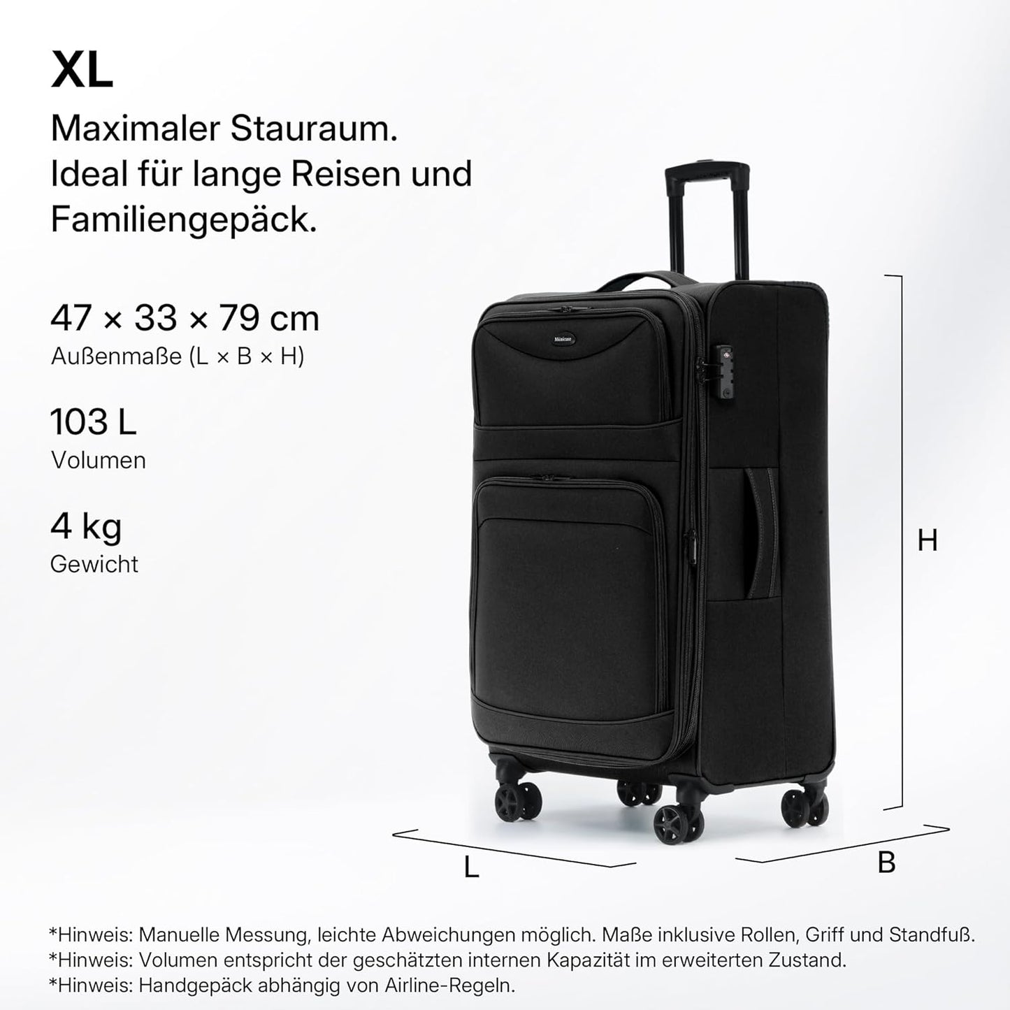 Erweiterbarer XL-Stoffkoffer, Schwarz Koffer XL (79 cm) erweiterbar