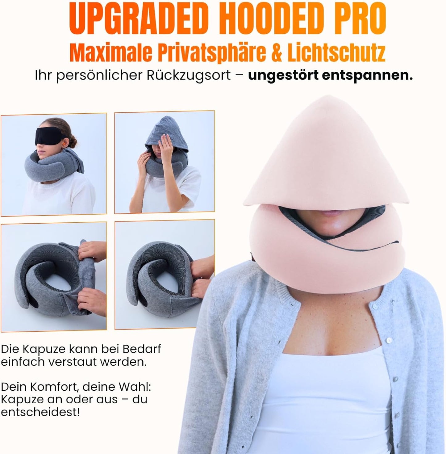 Nackenkissen mit Kapuze aus Memory-Schaum für Reisen, Sakura Pink Hooded Pro