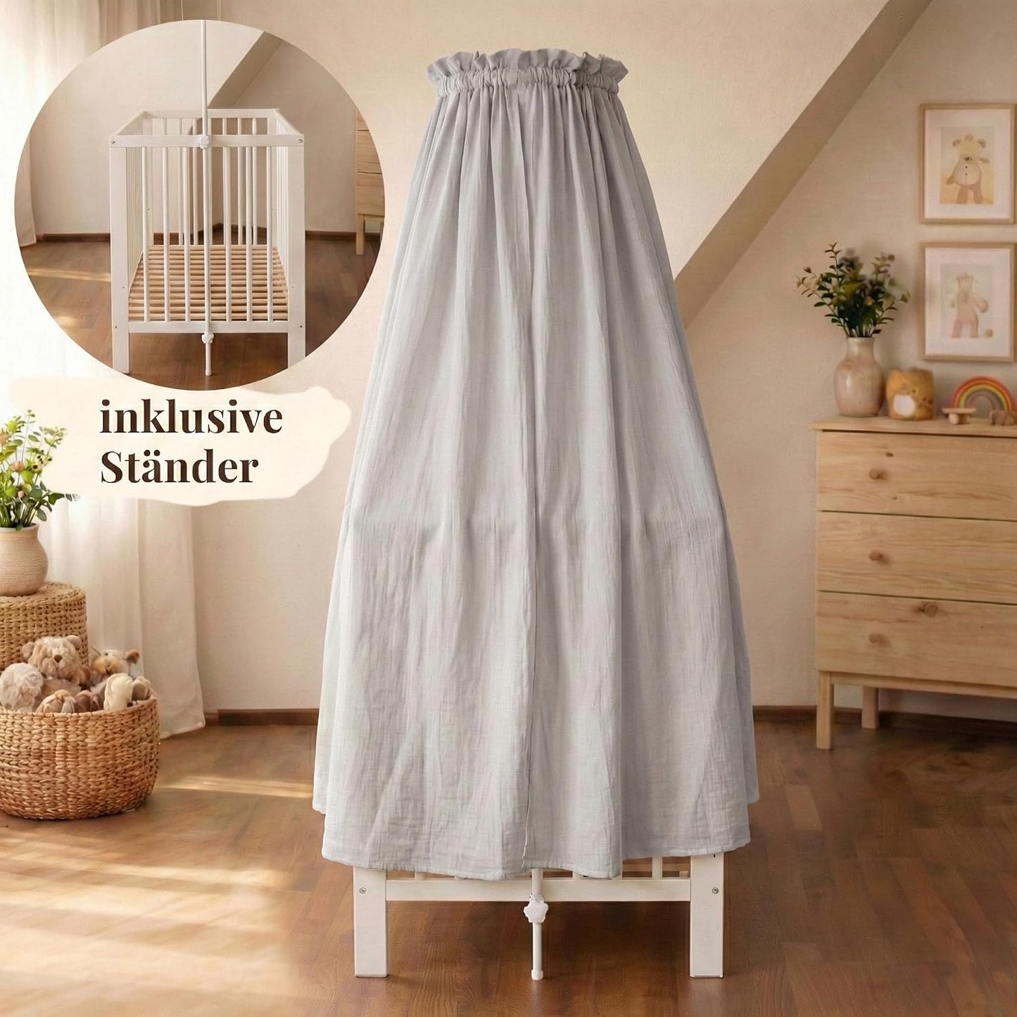 Betthimmel-Set für Babybett, montierbarer Ständer + Stoff hellgrey