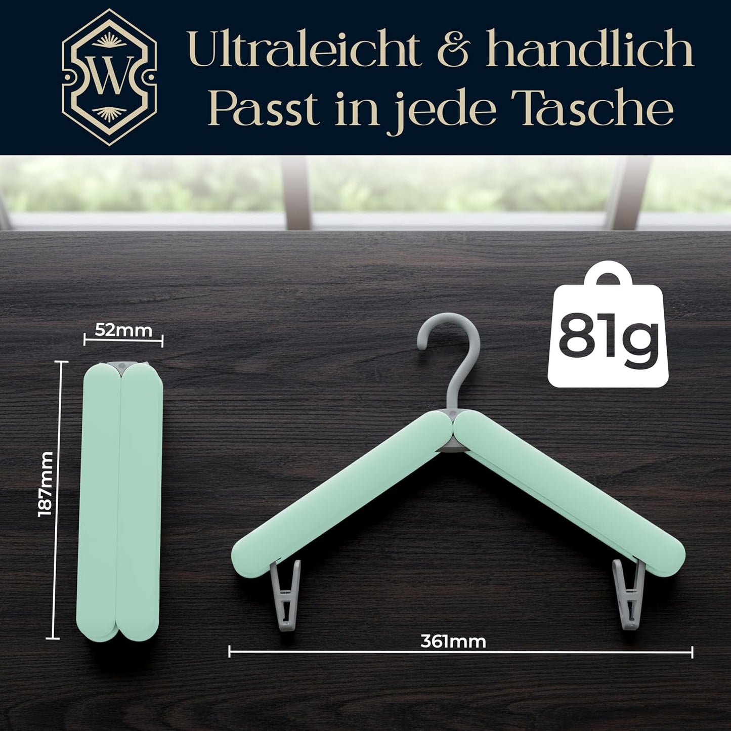Faltbare Reise Kleiderbügel (3er Set) mit Clips, Grün