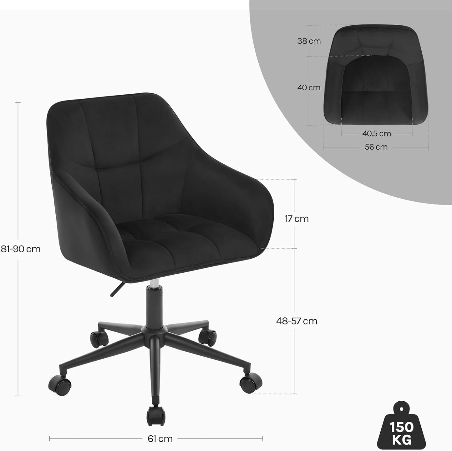 Ergonomischer Schreibtischstuhl bis 150 kg belastbar, Schwarz Samt