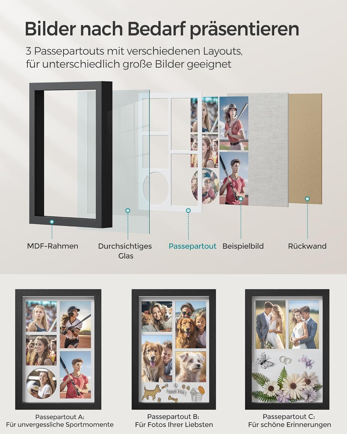 Collage-Bilderrahmen mit Passepartouts (A4), Eschenschwarz 1 Stück (A4)