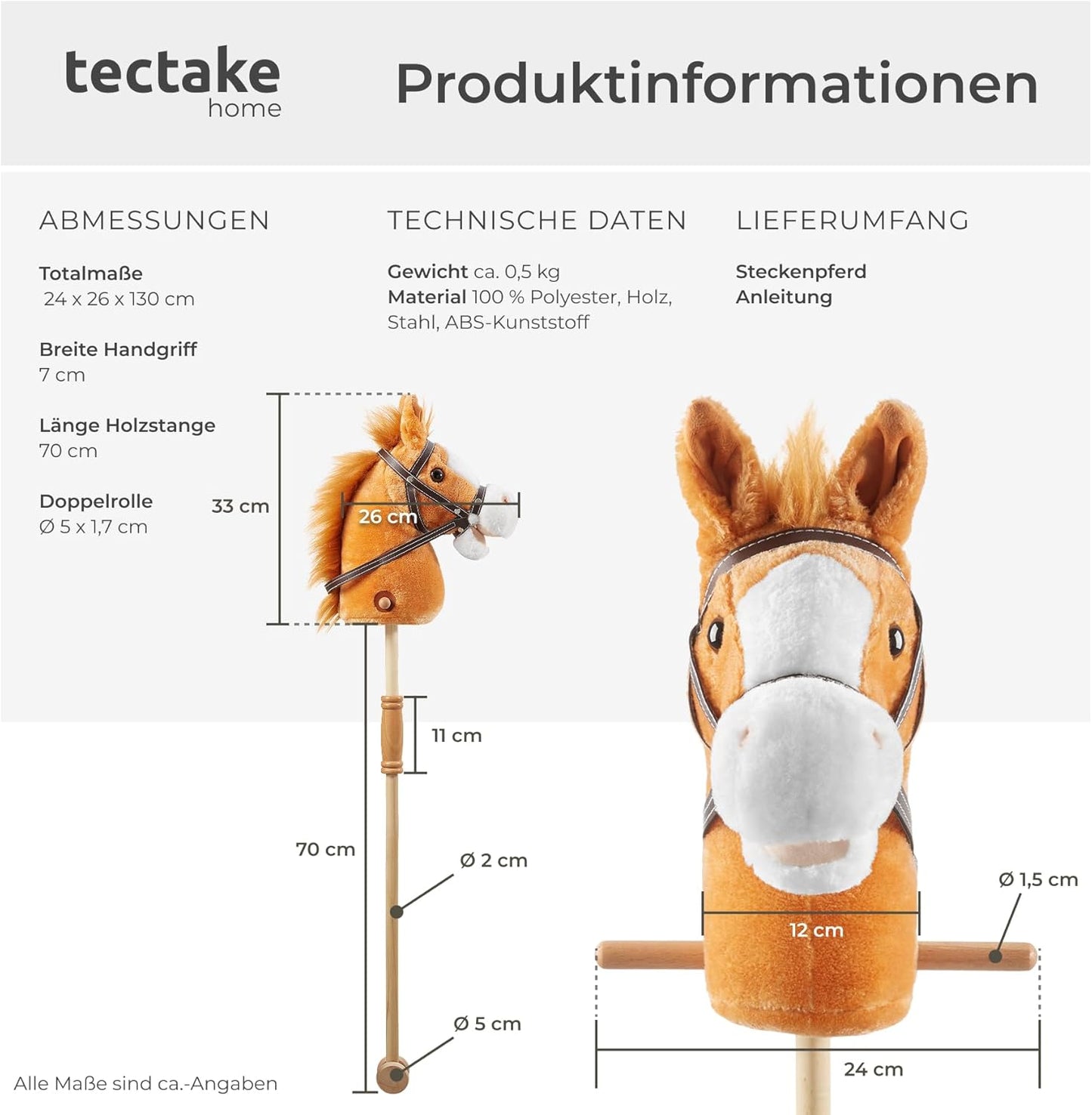 Steckenpferd mit Holzstab und Doppelrolle, Braun