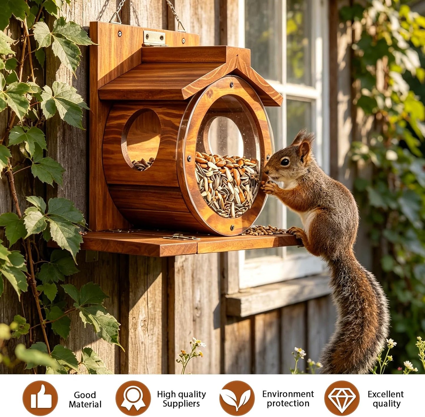 Eichhörnchen Futterhaus mit Fenster, wetterfestes Holz