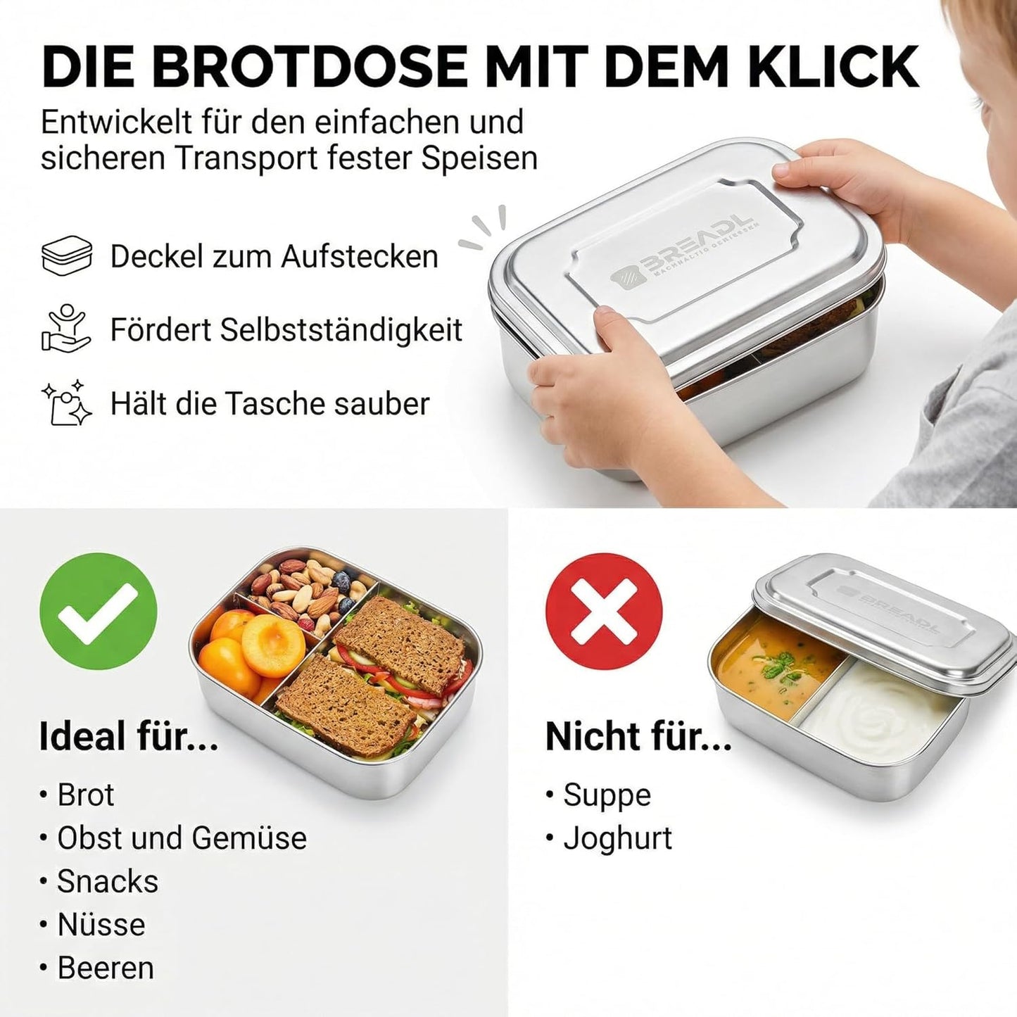 Brotdose mit 3 Fächern, spülmaschinengeeignet, 1000ml / 3 Fächer Edelstahl