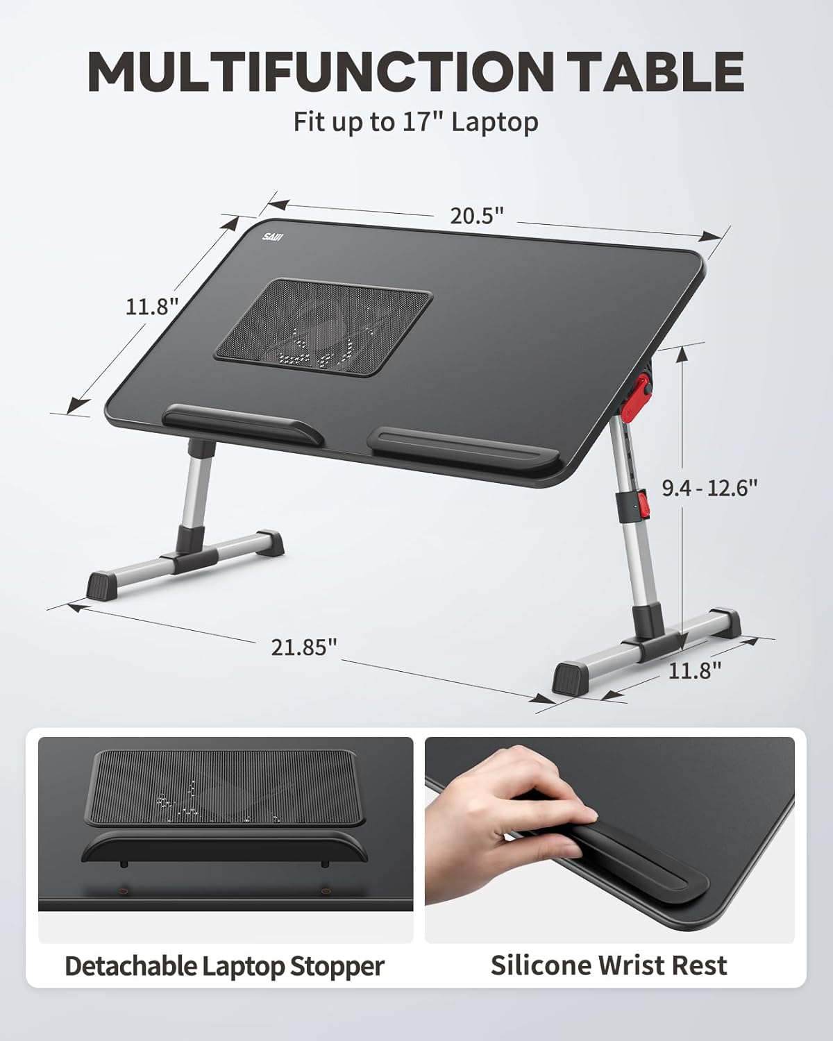 Verstellbarer Lapdesk mit Ventilator und USB-Anschluss, Schwarz 52*30cm