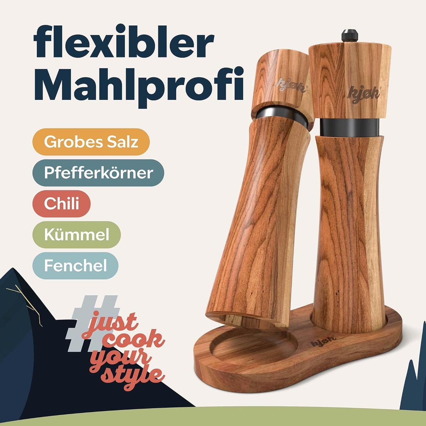 Salz- und Pfeffermühle mit Reinigungsbürste und Einfülllöffel, Kjøk Salz- & Pfeffmühle Akazienholz