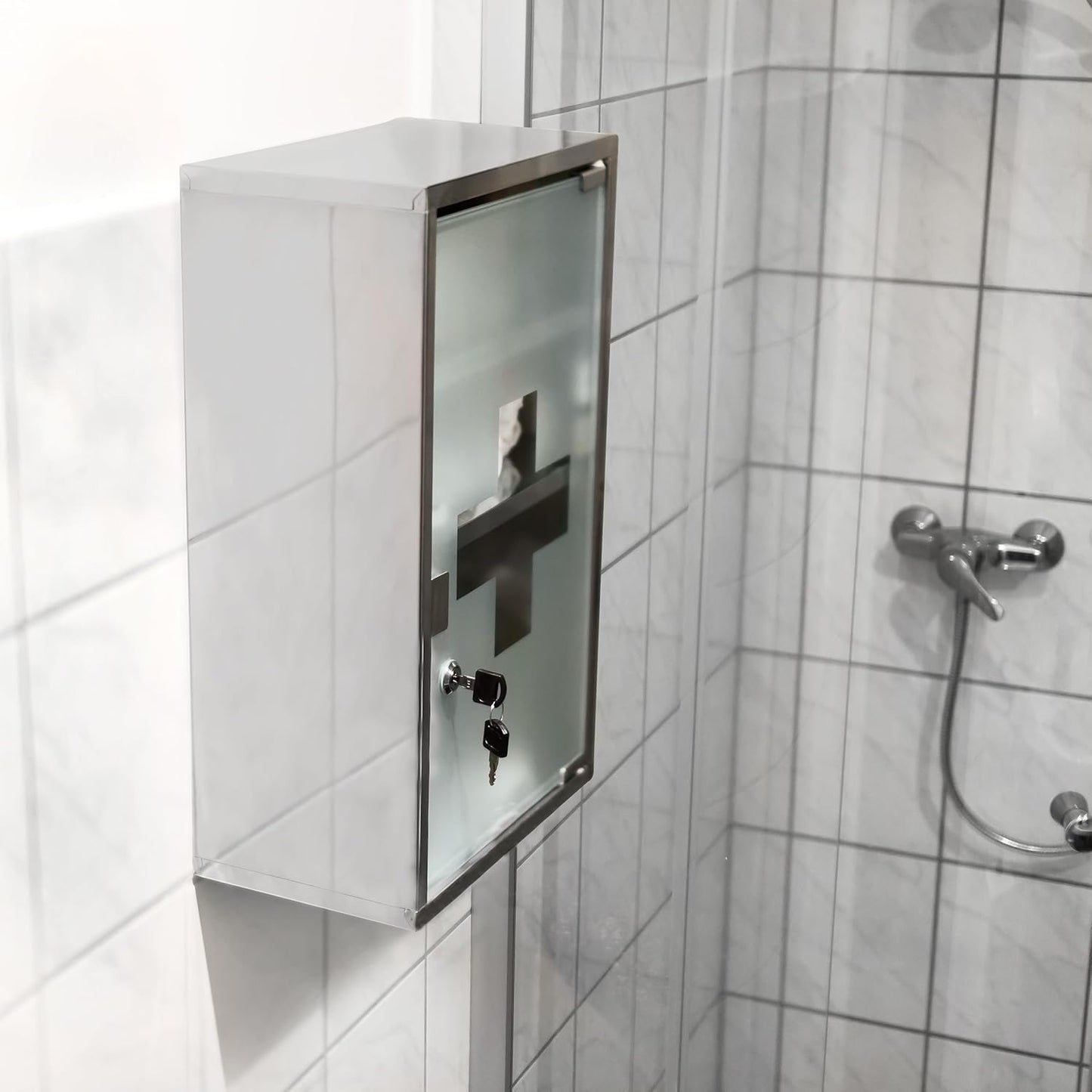 Medizinschrank XL mit Glas-Tür, Silber 18cm l x 30cm w x 50.5cm h