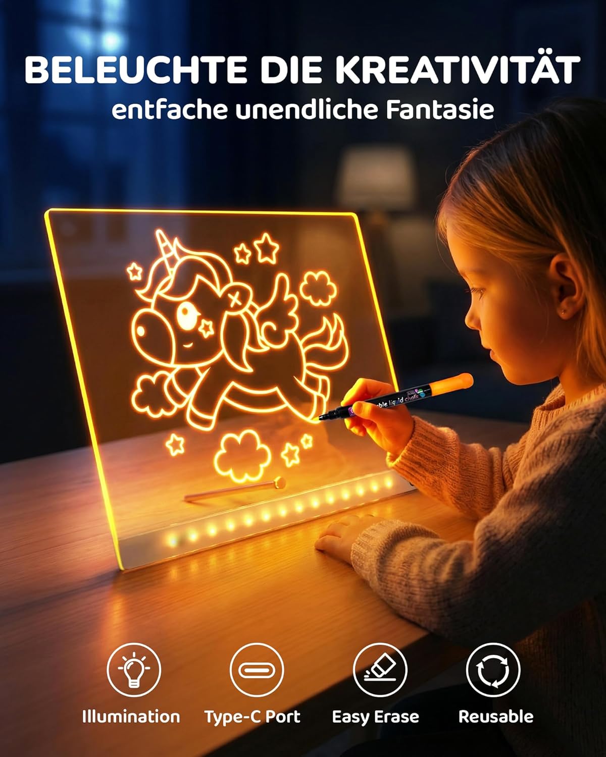 LED-Zeichentafel für Kinder mit 7 Stiften, Weiss 16 Zoll