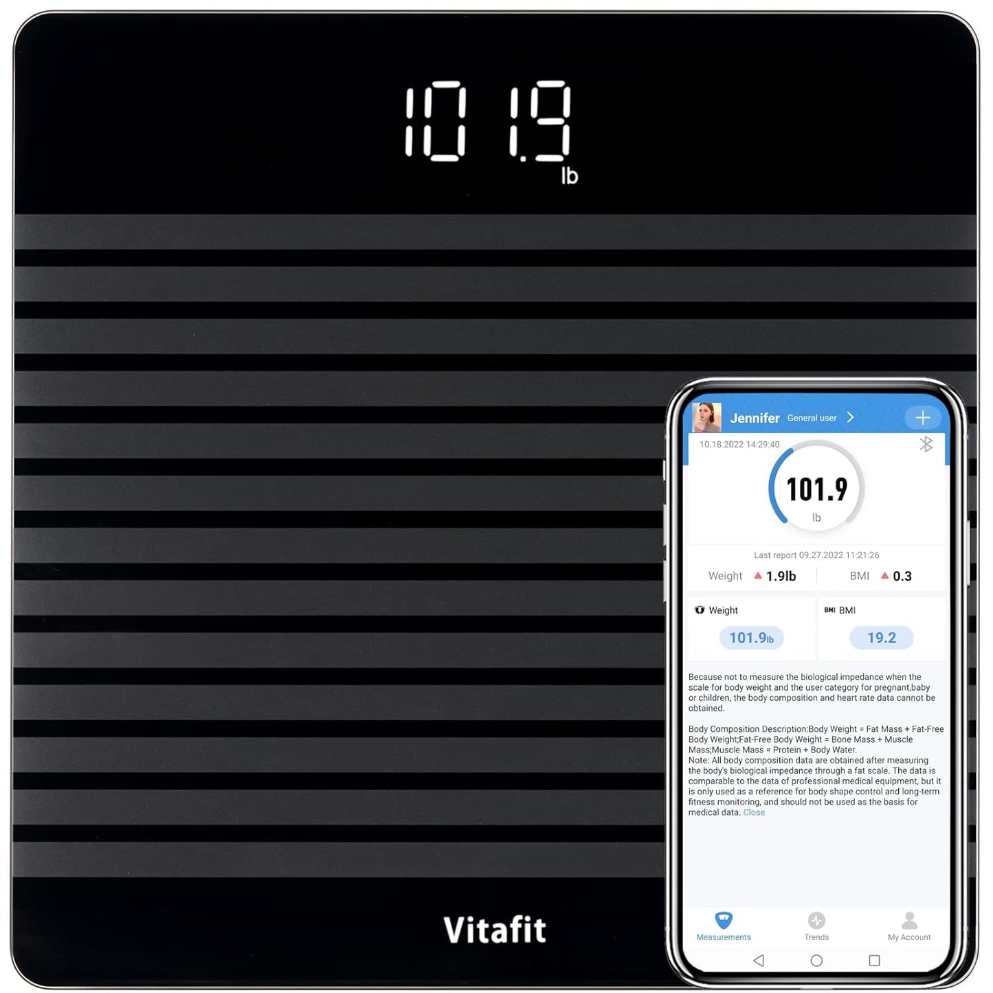 Digitale Personenwaage VT705 mit App und BMI-Funktion, Smarte Waage