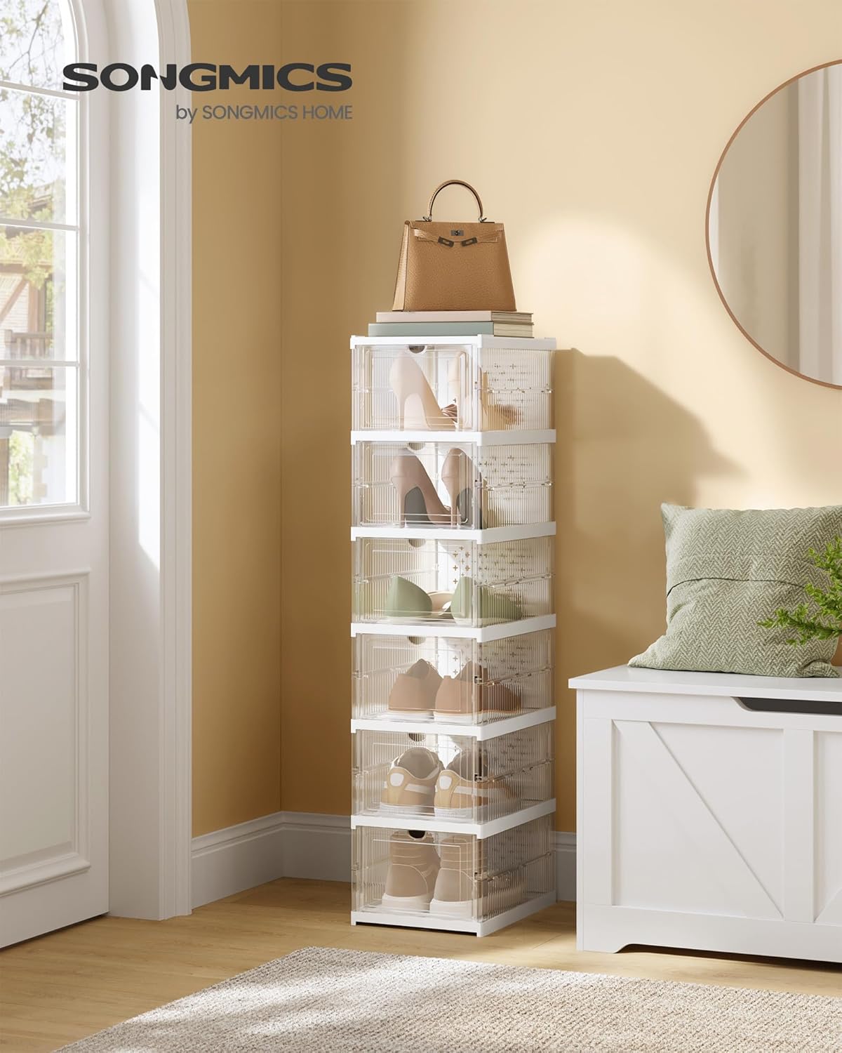 Schuhschrank mit 6 faltbaren Schuhboxen, Transparent + Wolkenweiß 1