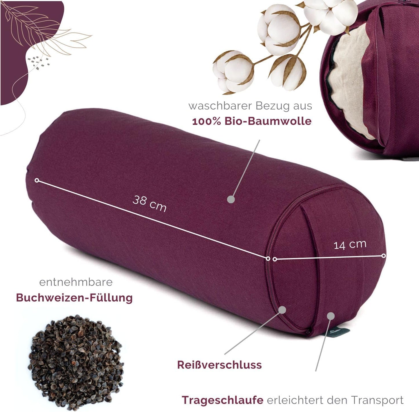 Mini Yogabolster mit Buchweizenfüllung und abnehmbarem Bezug, Aubergine