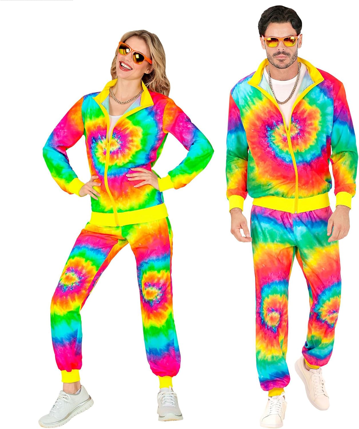 80er Jahre Jogginganzug für Karneval & Party, Neon Regenbogen Gelb S