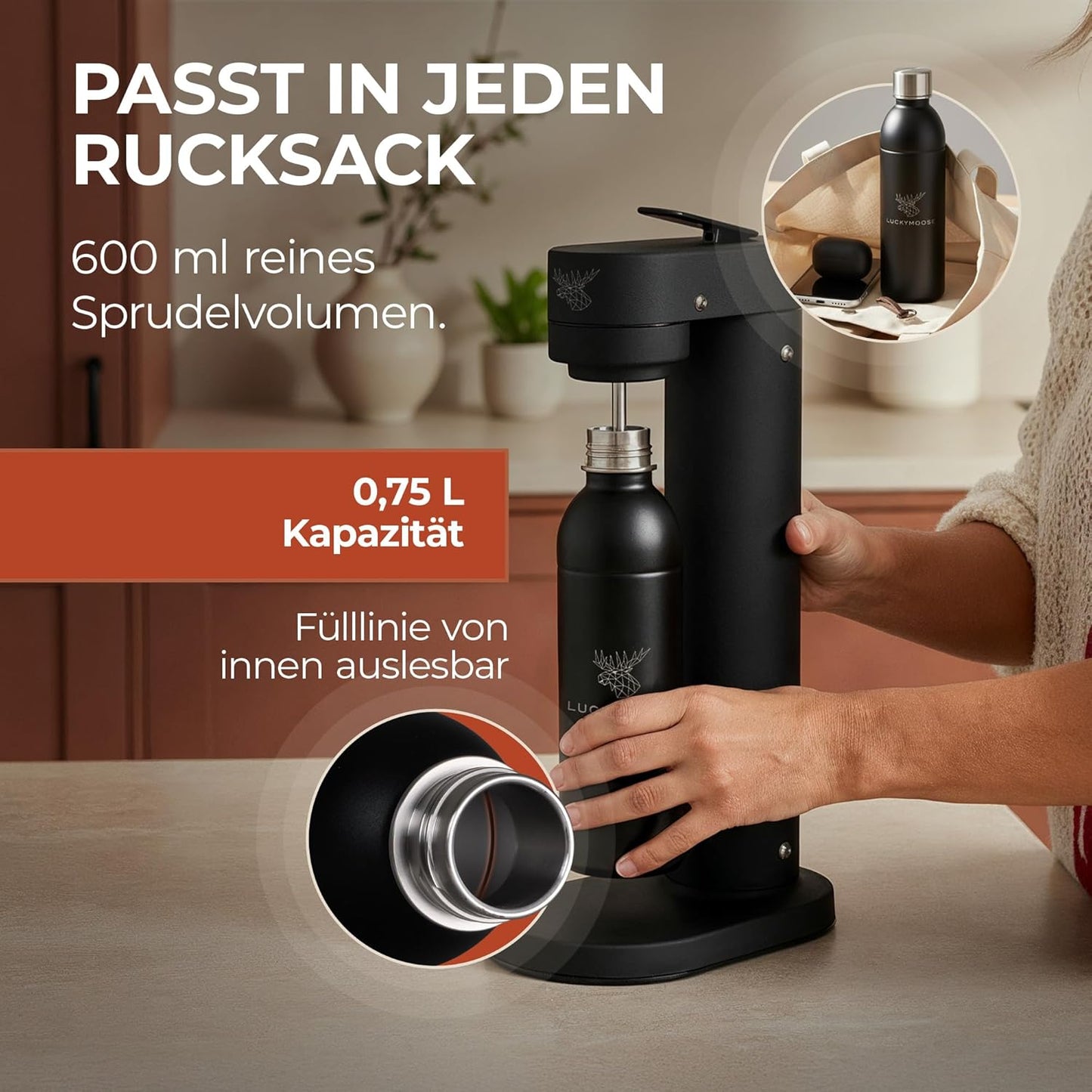 Wassersprudler-Flasche, 0.75L, Black 0,75L (1 Stück)