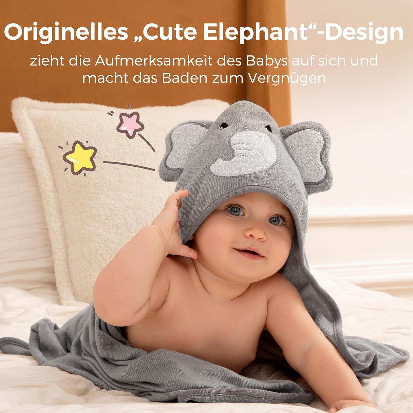 8-teiliges Baby Badetuch-Set mit Kapuze und Elefantmotiv, Grau