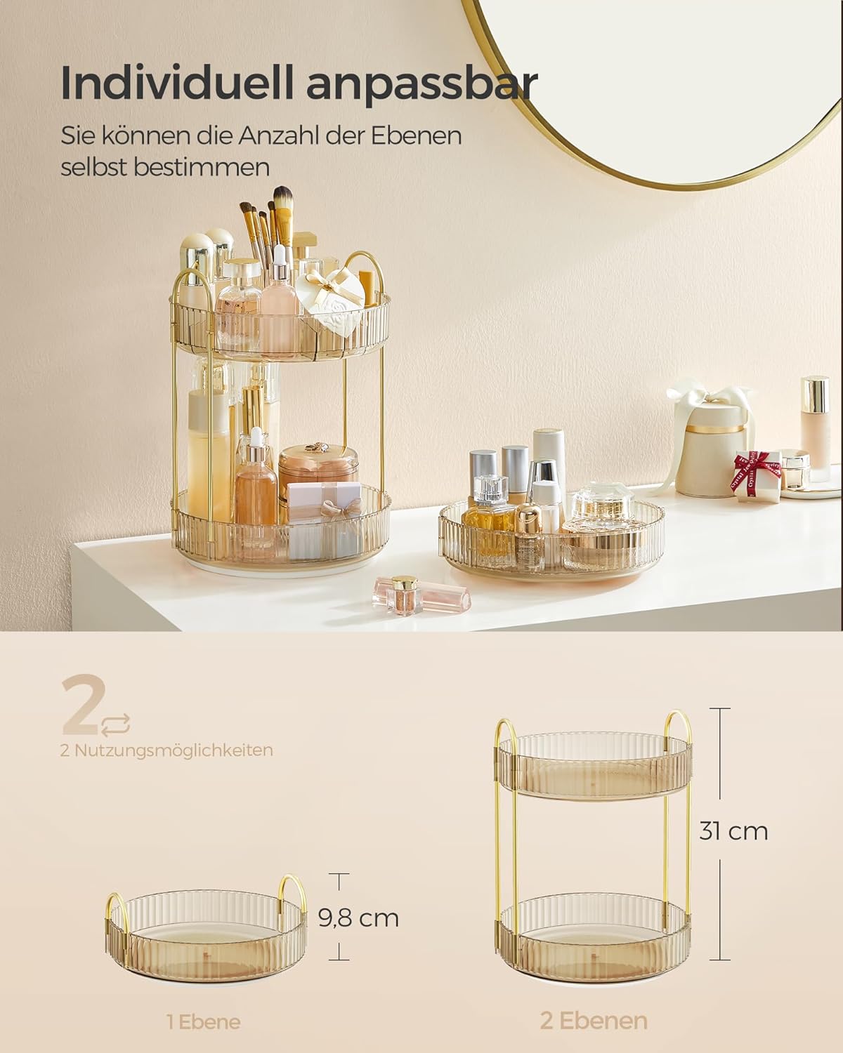 Drehbarer Make-up Organizer mit 2 Ebenen, Modell JKA012A01, Champagnergold 2 Ebenen (31H cm)