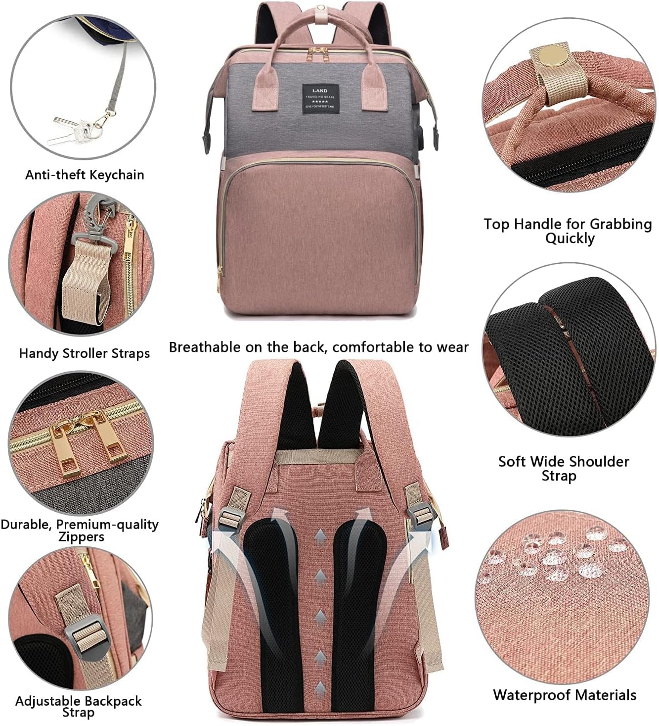 Multifunktionaler Wickeltaschen-Rucksack mit Wickelunterlage, Rosa