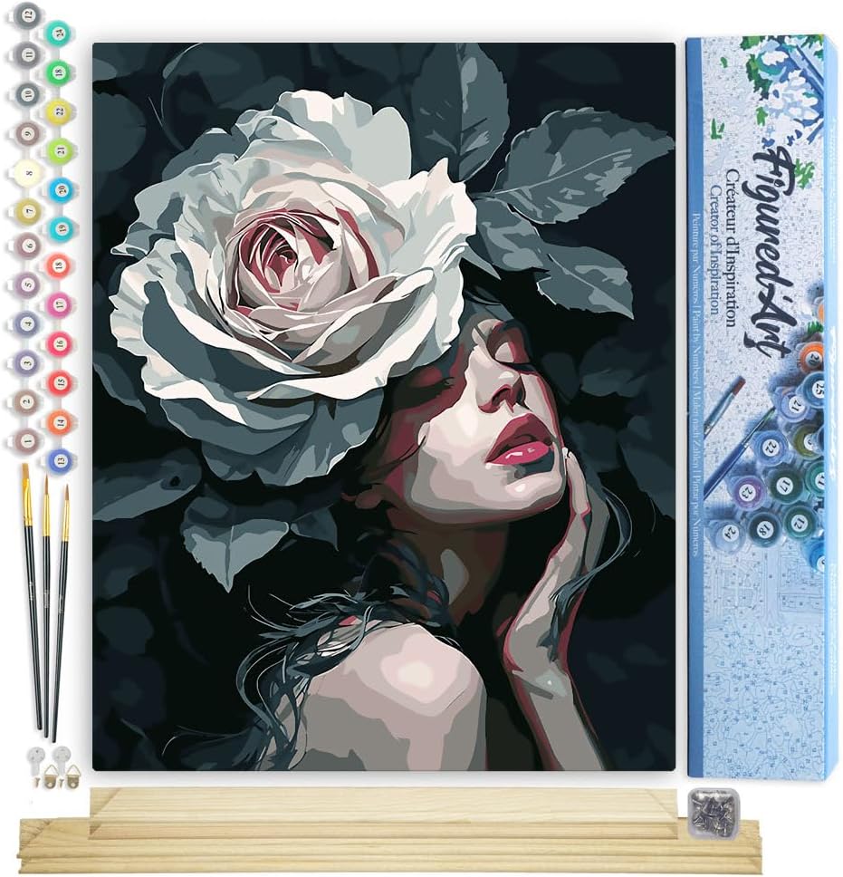 Malen nach Zahlen Set Dame mit Weisser Rose, 40 x 50 cm, Dame mit Weißer Rose 40x50cm Mit Keilrahmen (nicht gespannt)