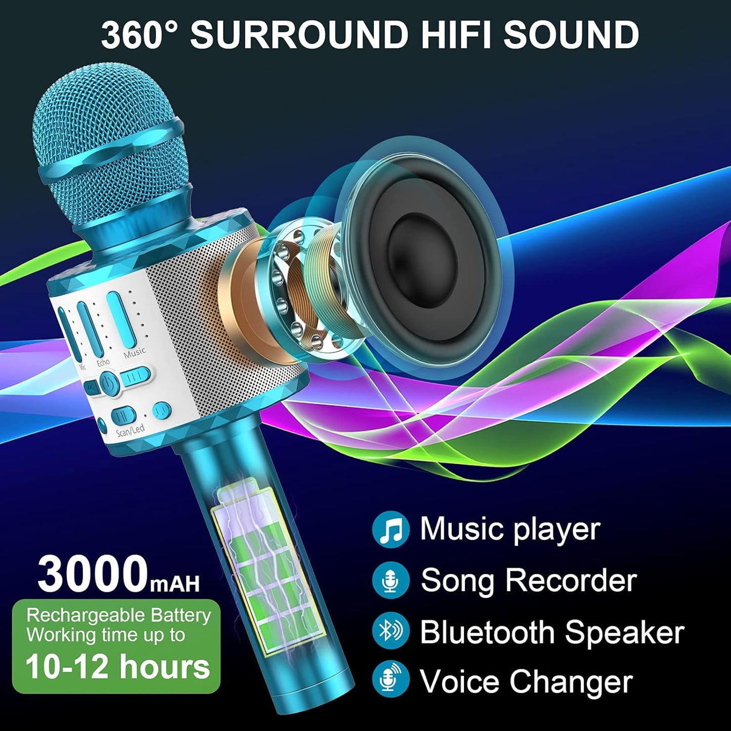 Karaoke-Mikrofon mit Bluetooth und LED Lichtern, MC18-Blau