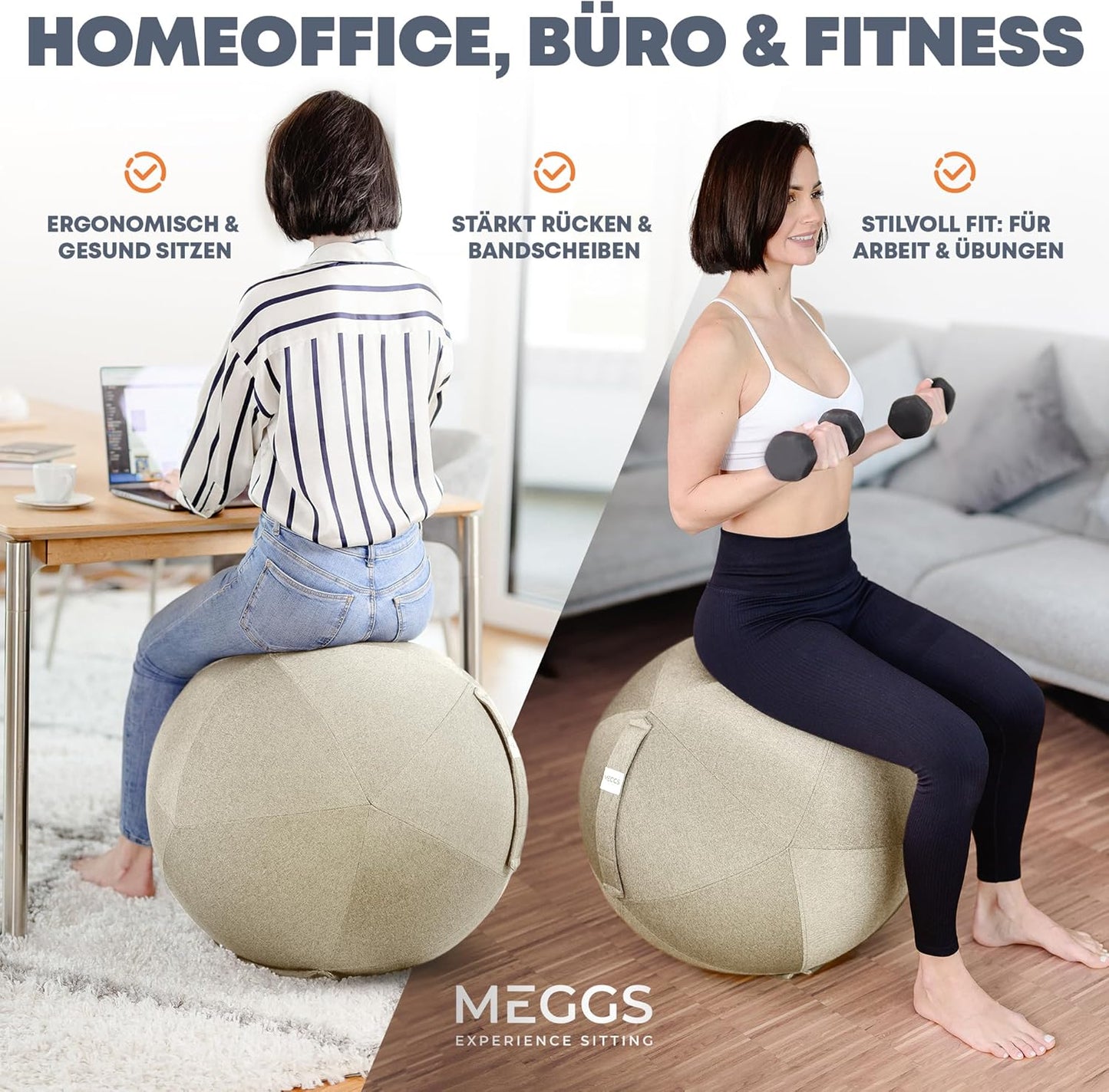 Ergonomischer Sitzball mit Stoffbezug, Perlmutt-beige 65 cm