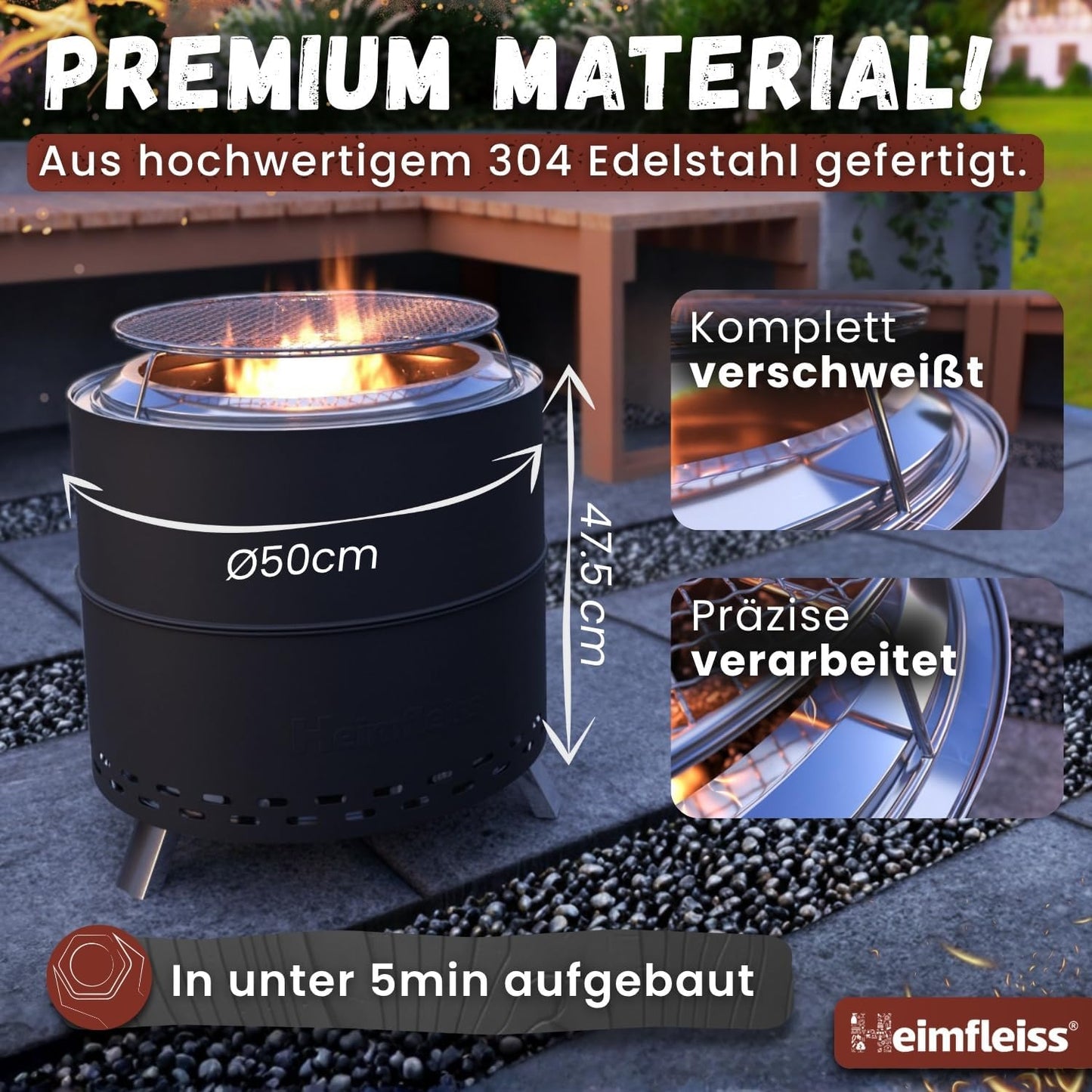 Rauchfreie Feuerschale mit Grillrost, Ø 50 cm Schwarz