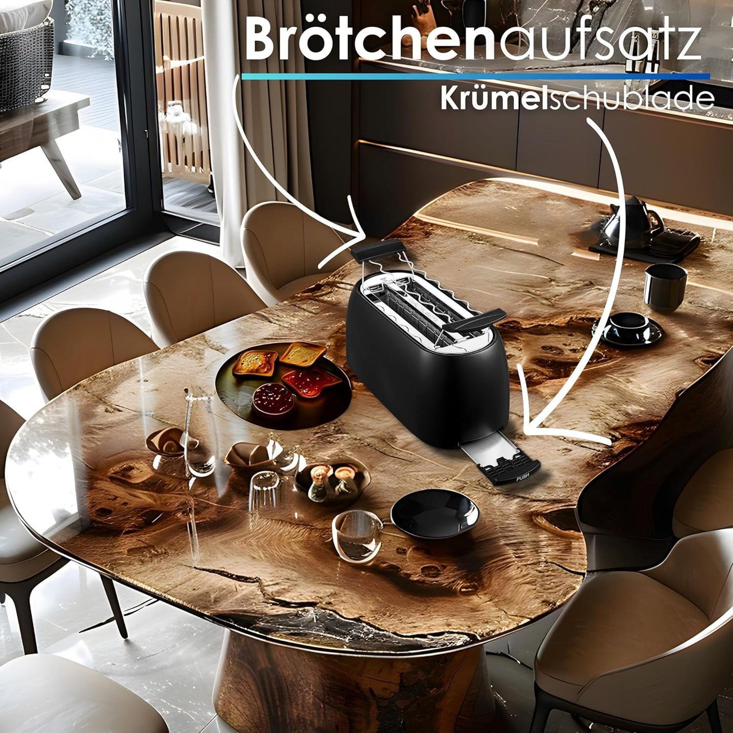 Langschlitztoaster mit Brötchenaufsatz, Schwarz