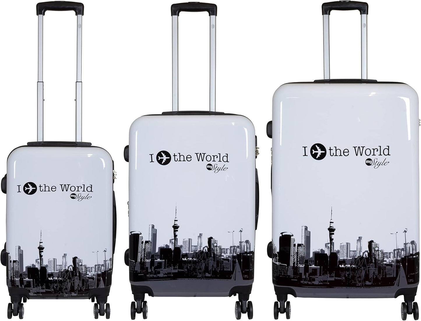 3-teiliges Hartschalen Koffer-Set, Kofferset 3-teilig / Fly The World Weiss