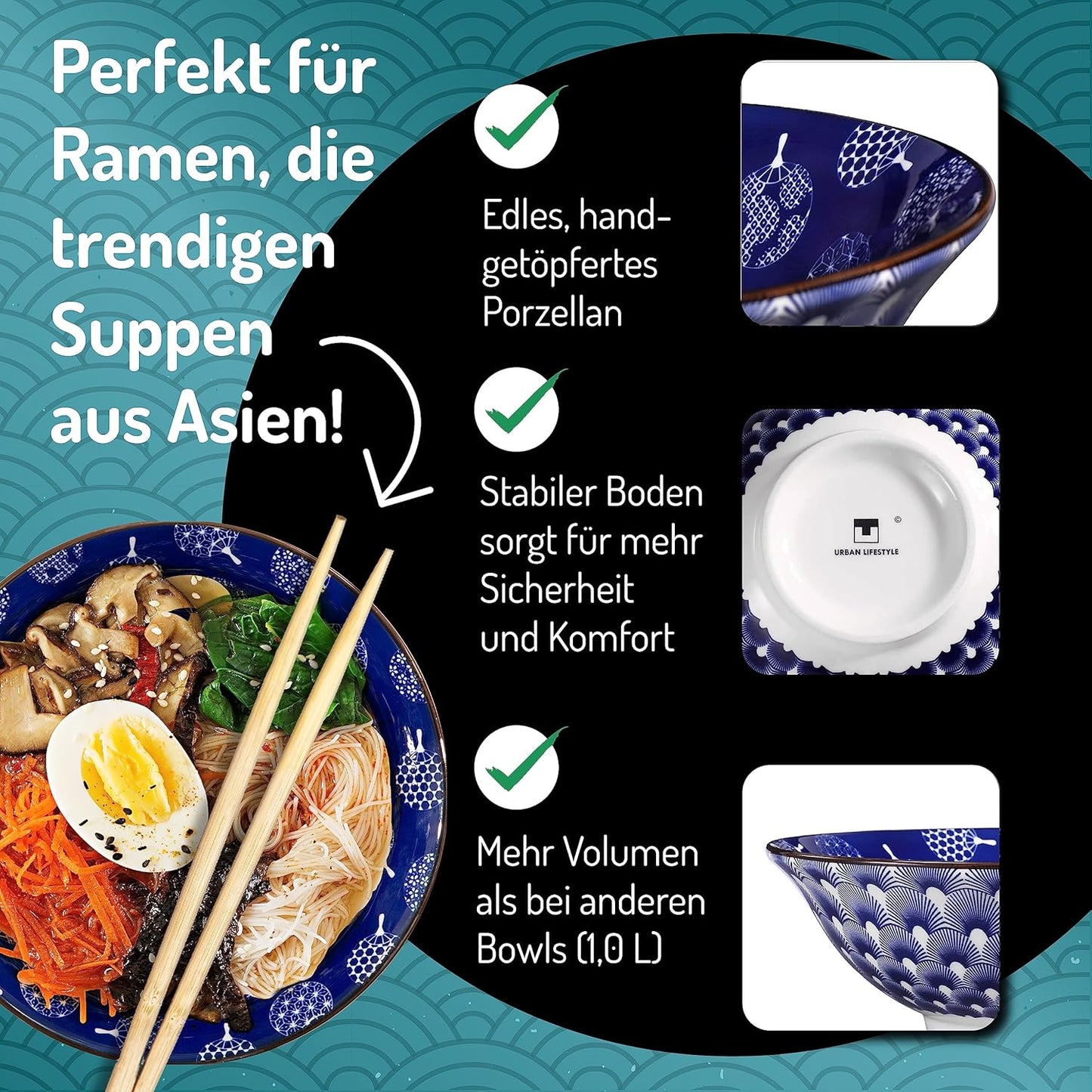 Ramen-Schüssel-Set, 20,5 x 7cm Uchiwa