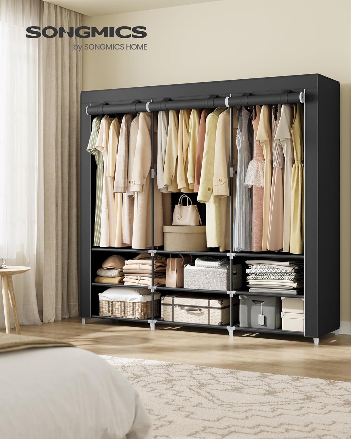 Stoffschrank mit Hängefächern, 188B cm Schwarz