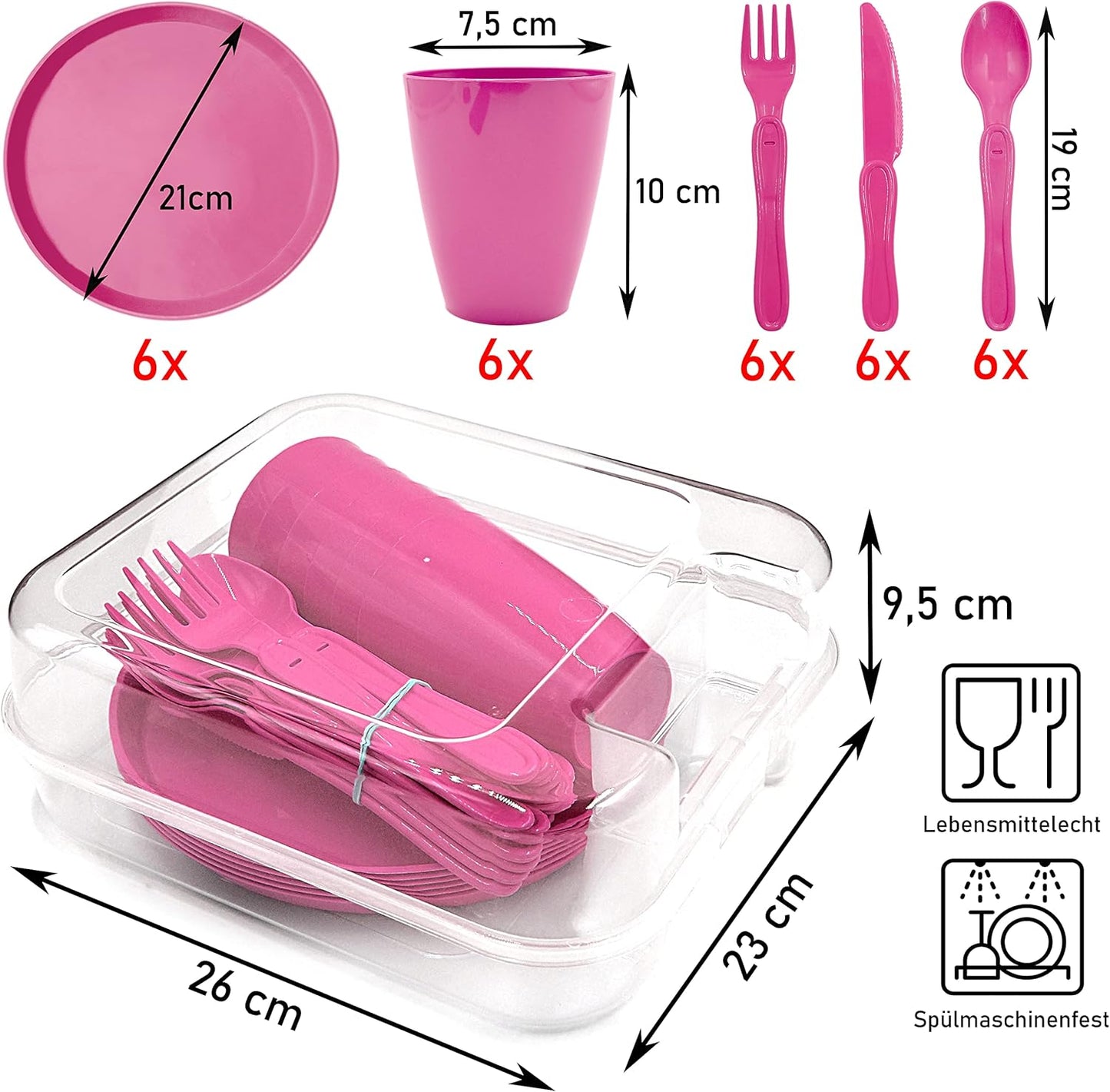 Picknick-Set mit Geschirr für 6 Personen (31-teilig), Pink