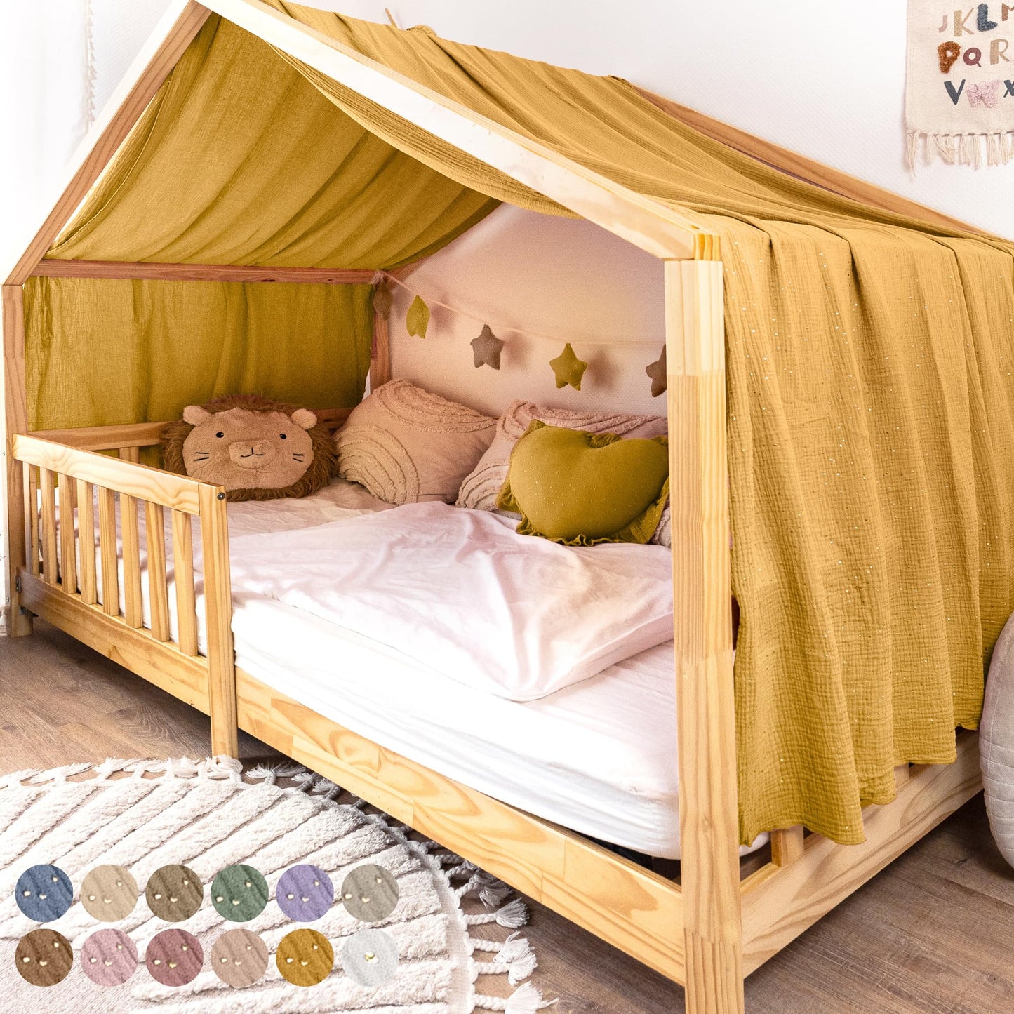 Betthimmel für Kinderhausbett, Senfgelb mit Gold 135 x 420cm