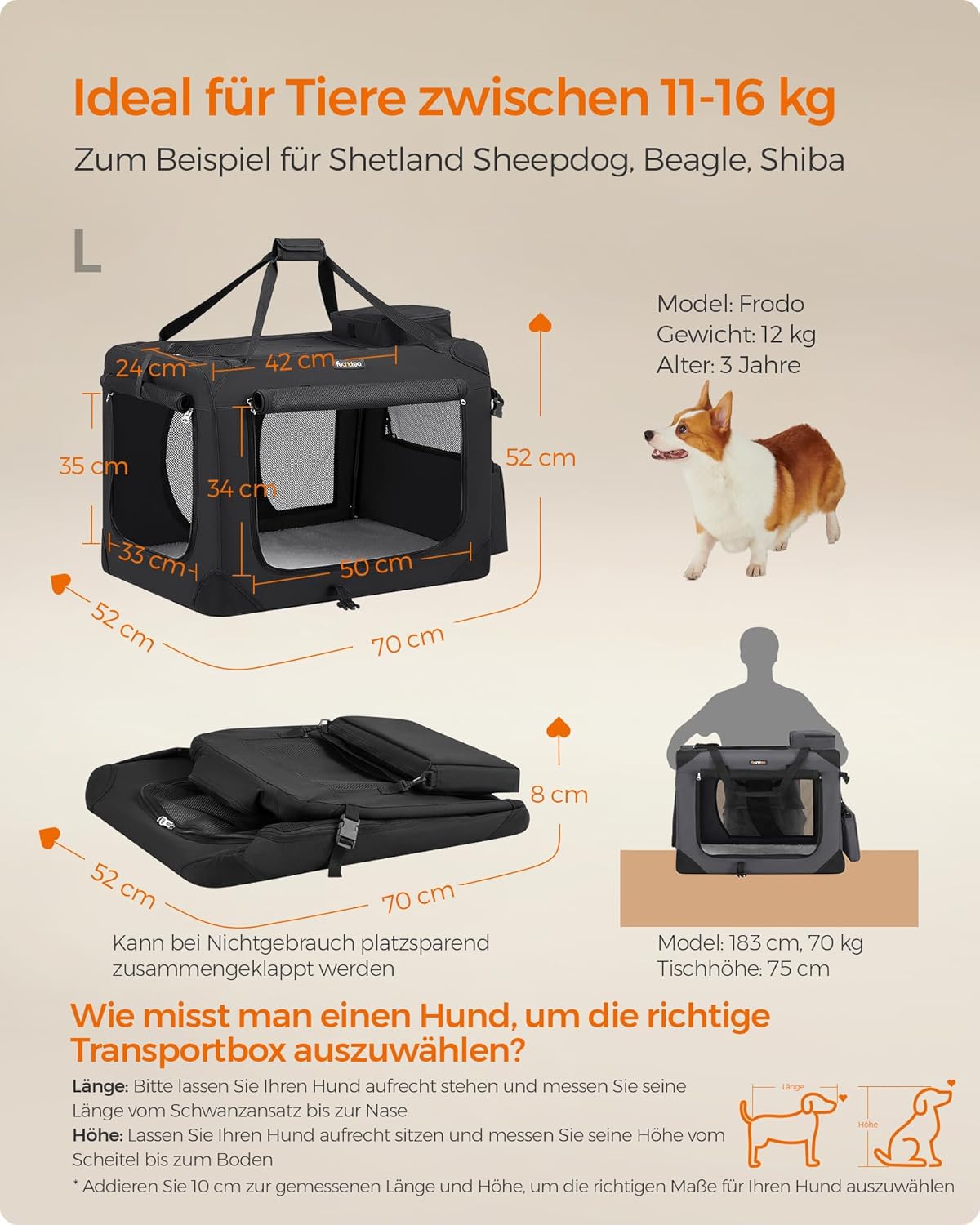 Faltbare Hundetransportbox mit Metallrahmen, Schwarz L 70 x B 52 x H 52 cm