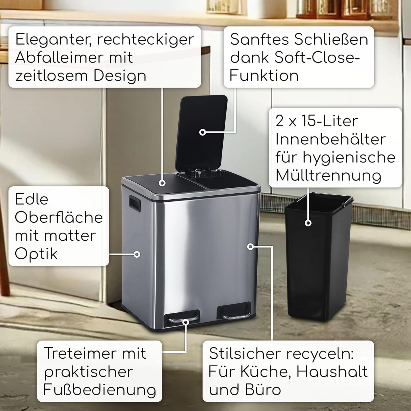 Treteimer Charly mit 2 Inneneimern, 2 x 15 L, langsam schliessend, Edelstahl satiniert