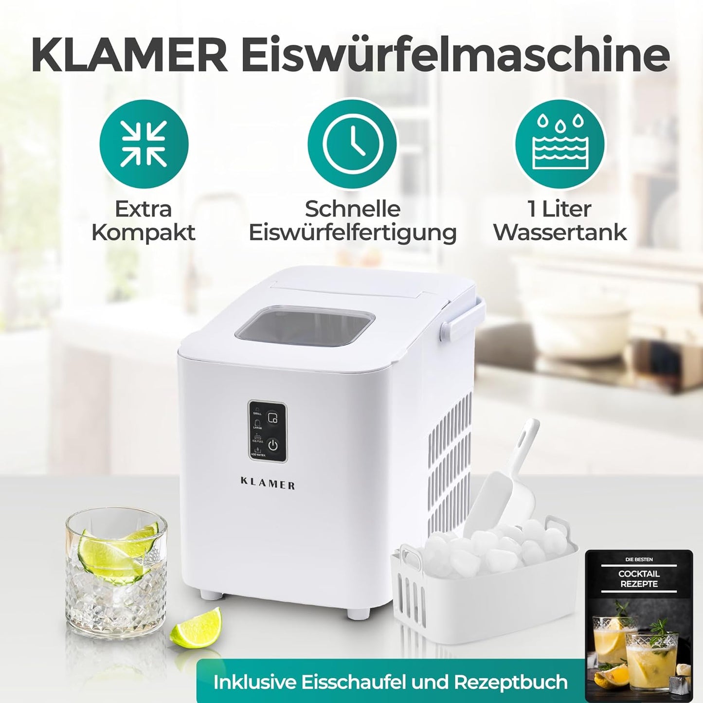 Eiswürfelmaschine, Kompakt (1L) Weiß