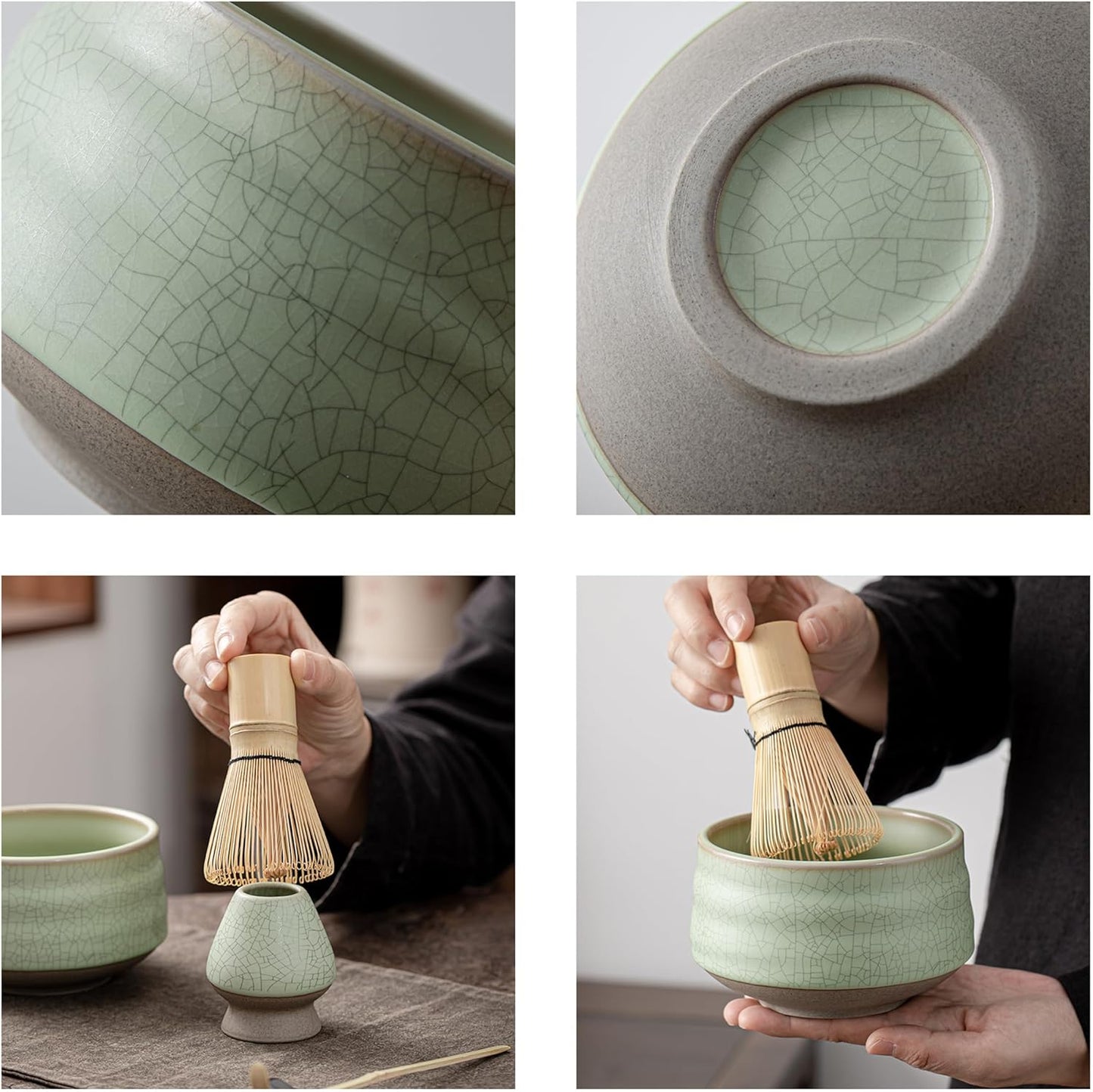 Komplettes Matcha-Zubehörset, normale Schüssel Hellgrün mit Schwarzer Linie