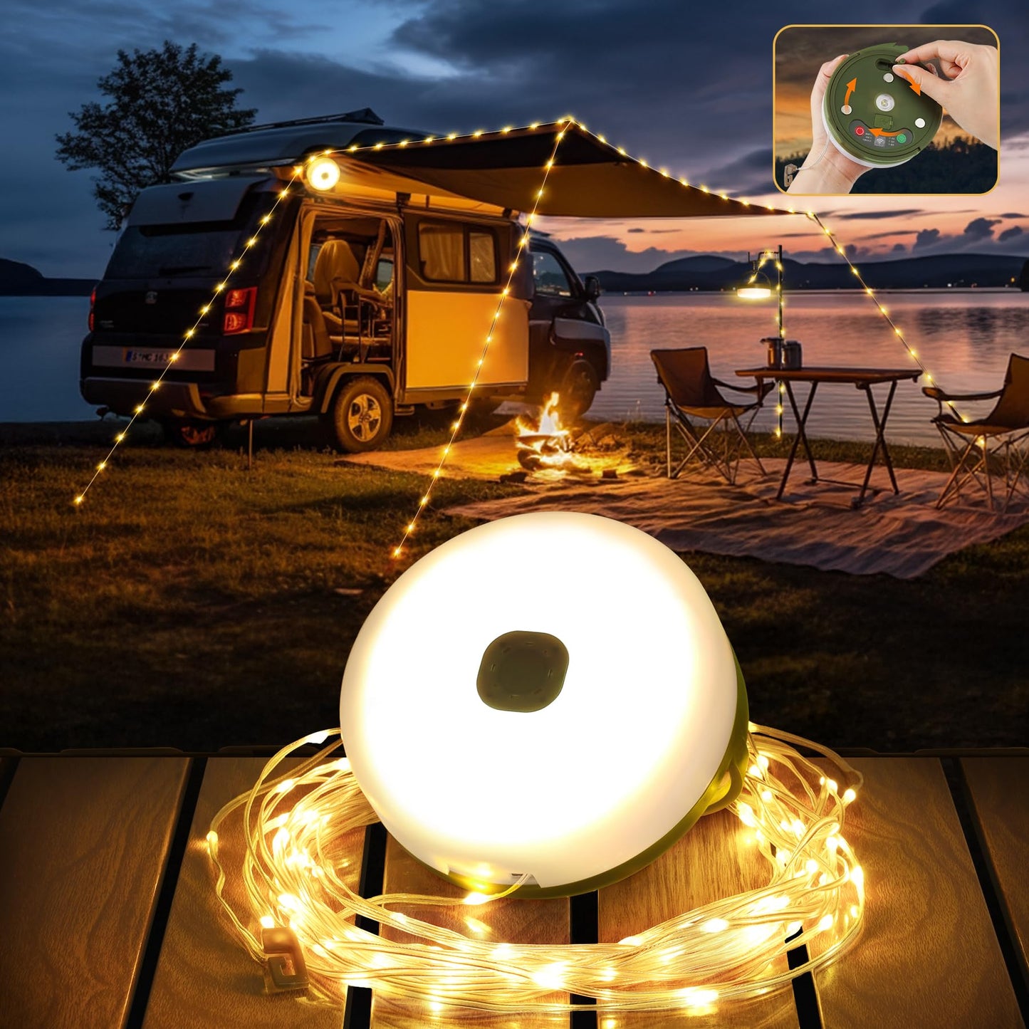 Camping Lichterkette Aufrollbar mit 9 Modi, USB-Ladung, Usb Laden Warmweiss