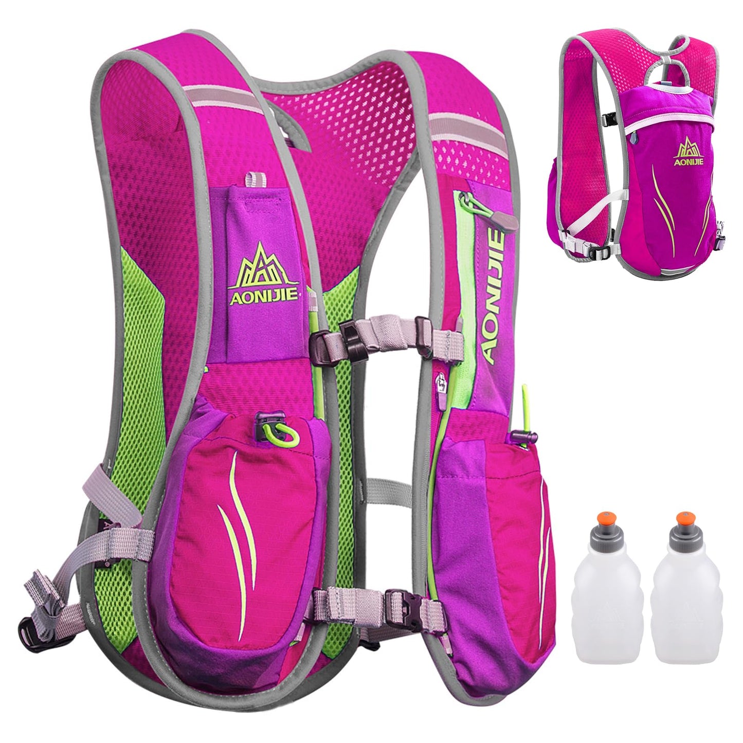 Ultraleicht Trinkrucksack mit 2 Flaschen, Einheitsgrösse Rosenrot - mit 2 Wasserflaschen (250ml)