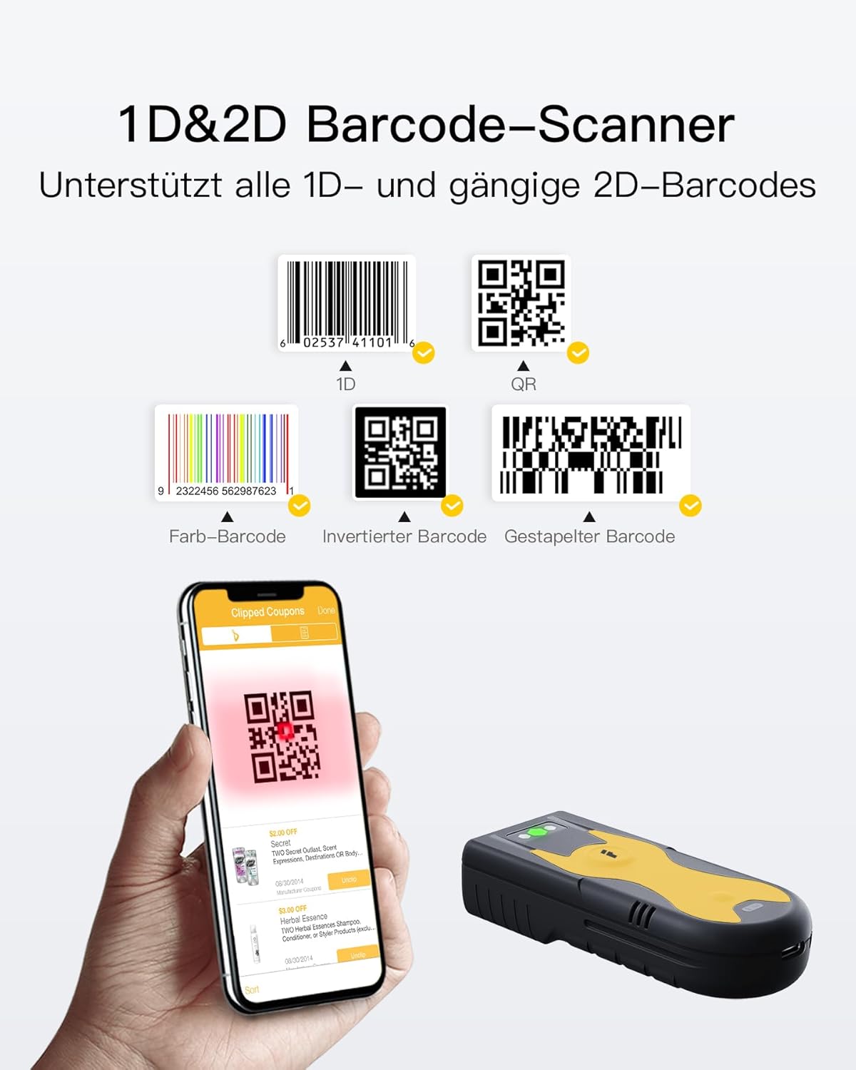 Mini Barcode Scanner BCST-42 für 2D undQR, 2D Gelb