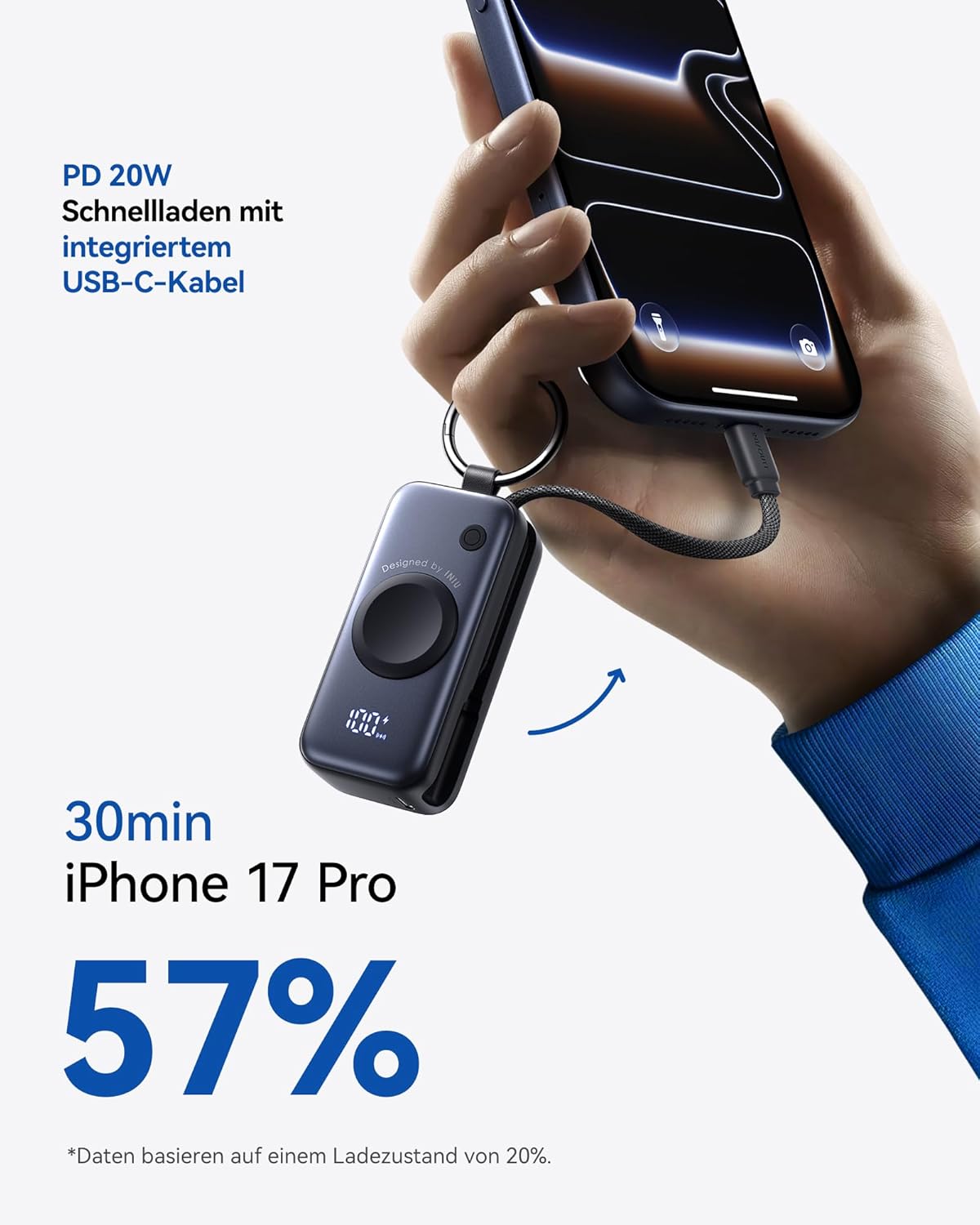 Powerbank mit USB-C Kabel, Schwarz