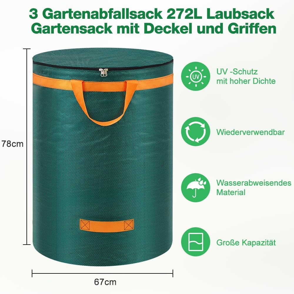 3er-Set Gartenabfallsäcke mit Deckel und Griffen, 272L Gartensack mit Deckel